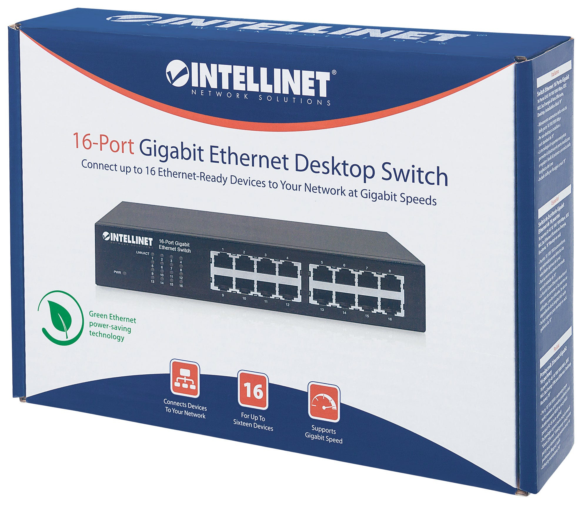 Scatola del desktop switch Gigabit Ethernet a 16 porte Intellinet con immagine.