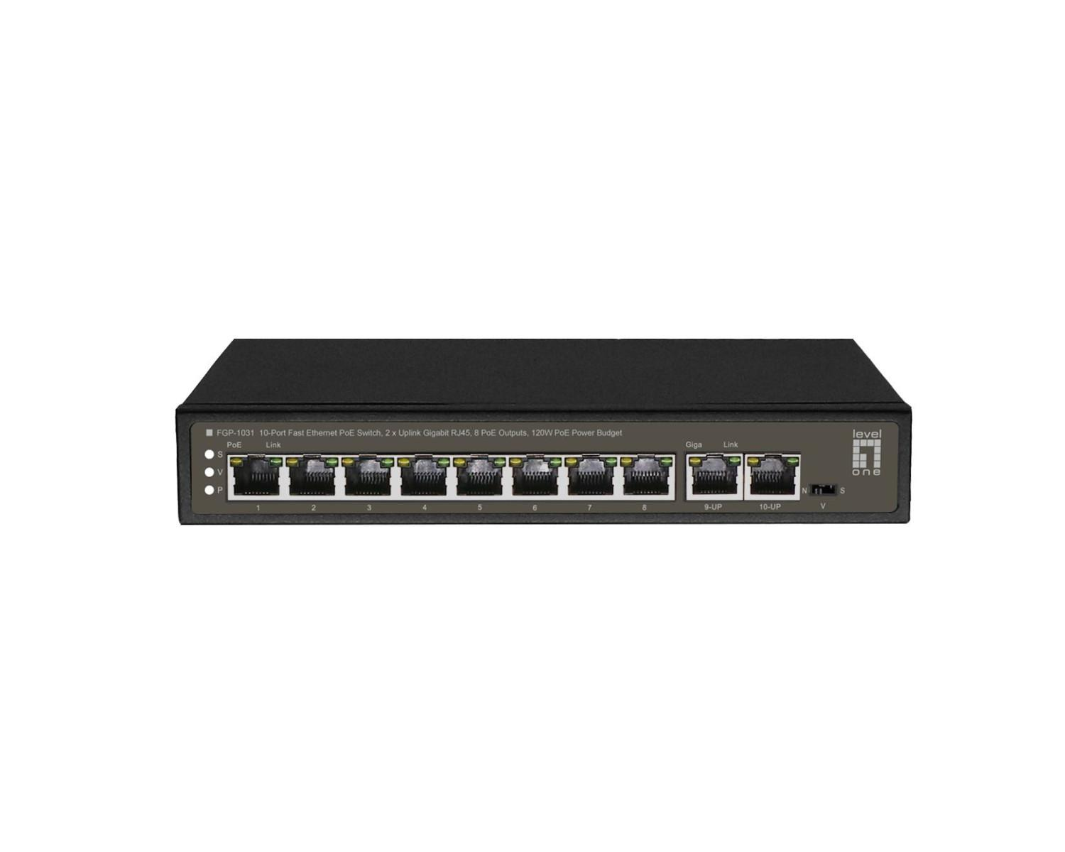 Switch LevelOne nero a 10 porte con porte, etichette e LED.