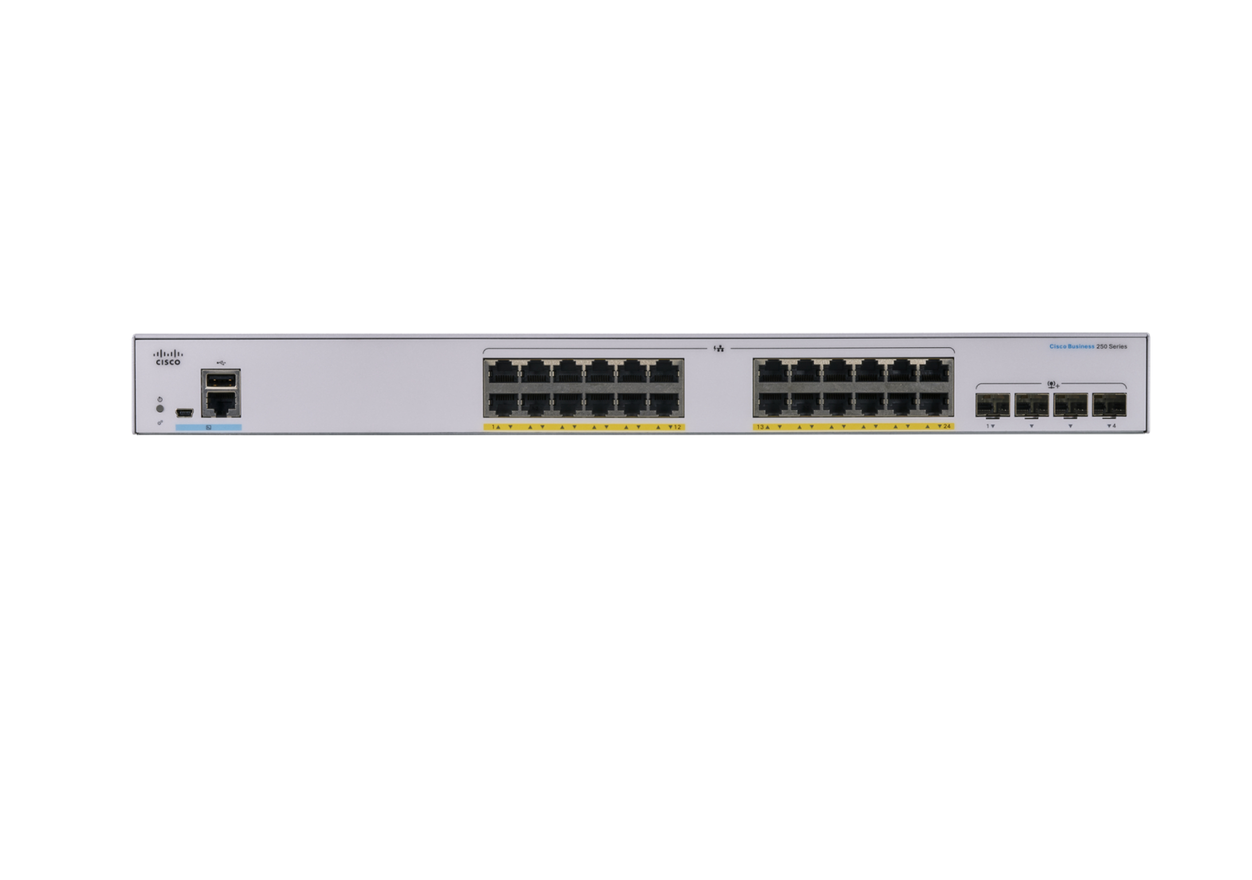 Weißer Cisco-Switch mit mehreren Anschlüssen, Etiketten und Knöpfen. Weißer Hintergrund.