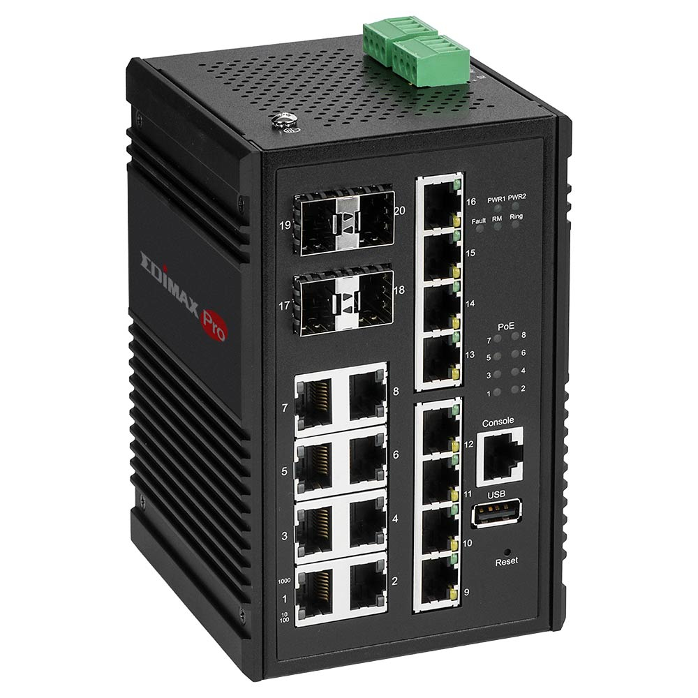 Switch di rete nero con porte e connettori verdi. Marchio Edimax Pro visibile.