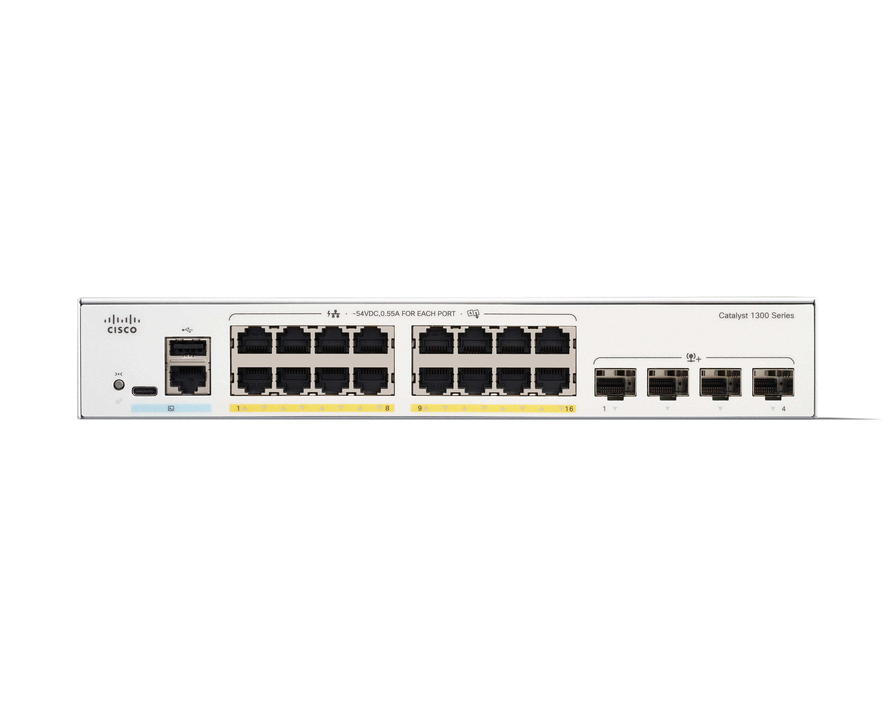 Przełącznik Cisco Catalyst 1300 Series, widok z przodu, na białym tle.