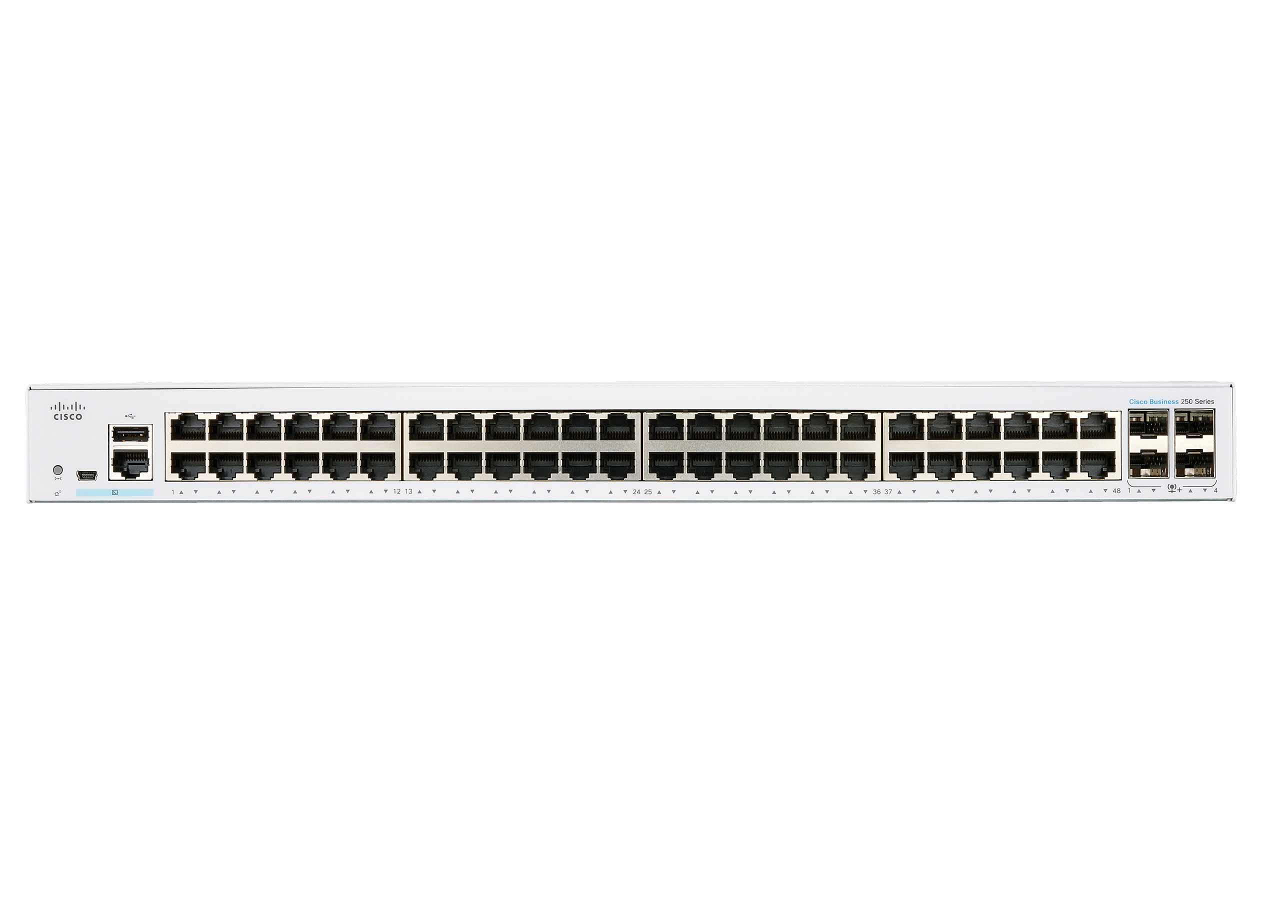Weißer Netzwerk-Switch. Cisco-Logo oben links. Mehrere Anschlüsse. Weißer Hintergrund.