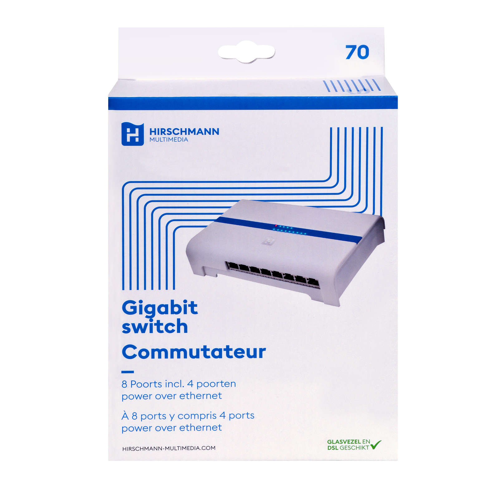 Weiße und blaue Box mit einem Switch darin. Text beschreibt das Produkt. Weißer Hintergrund.