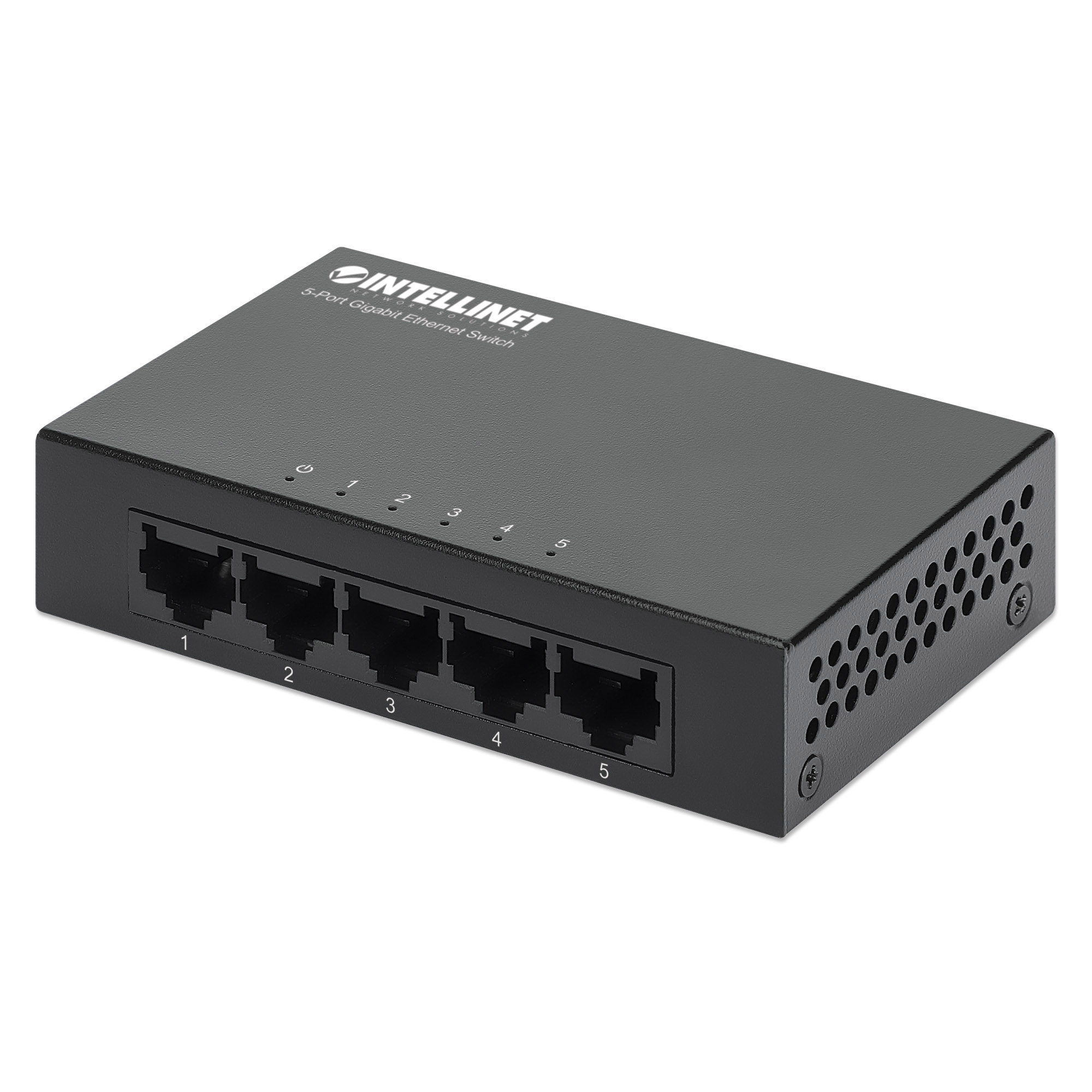 Switch Intellinet nero con 5 porte, pulsante di accensione e sfondo bianco.