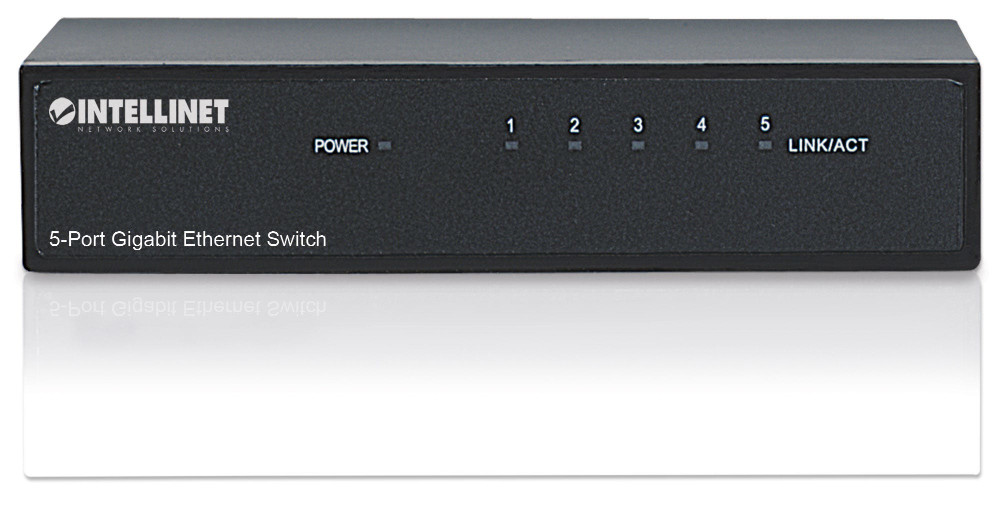 Switch Ethernet Gigabit a 5 porte nero con spie di alimentazione e attività.
