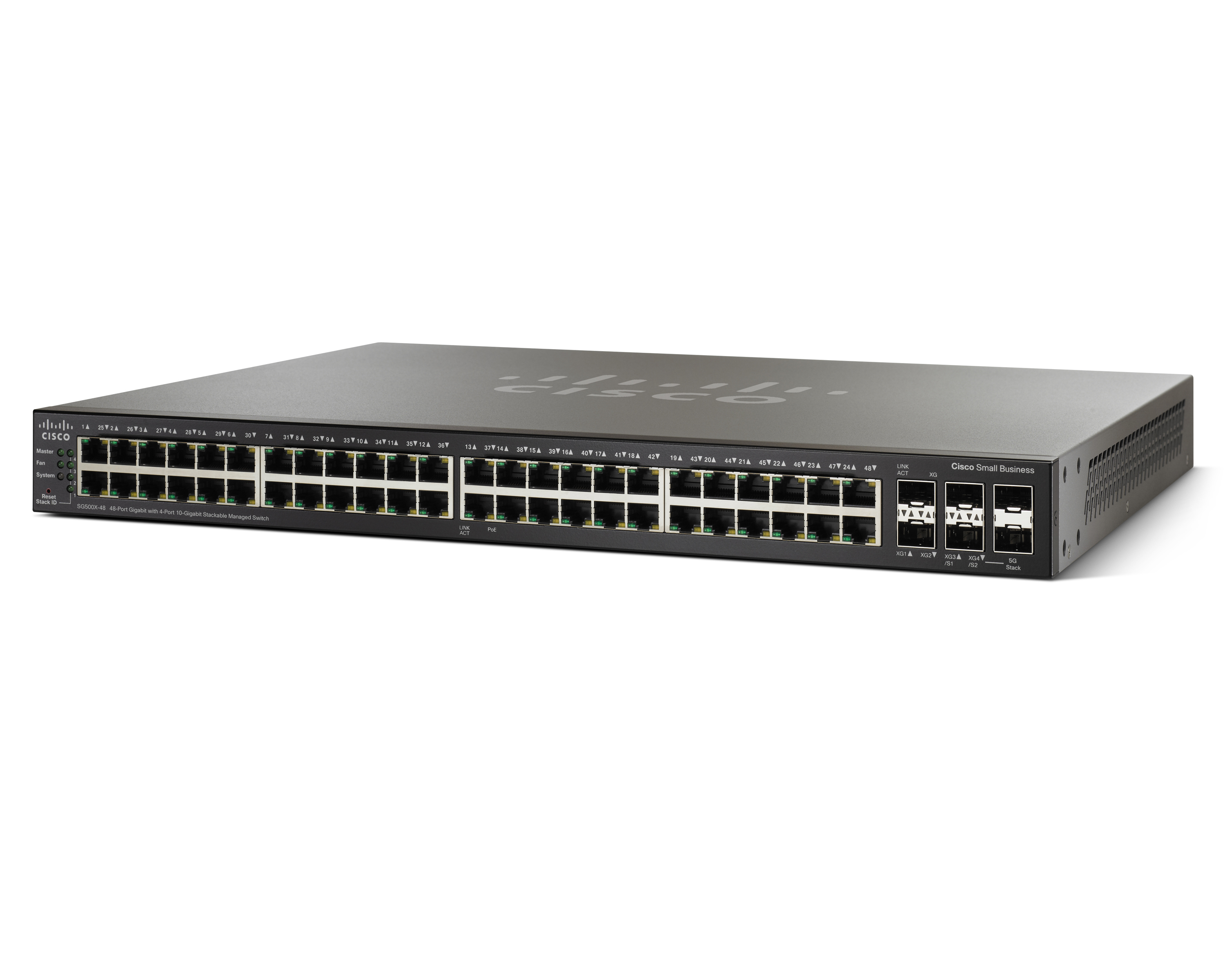 Cisco Netzwerk-Switch mit vielen Anschlüssen. Schwarzes Gehäuse. Weißer Hintergrund.