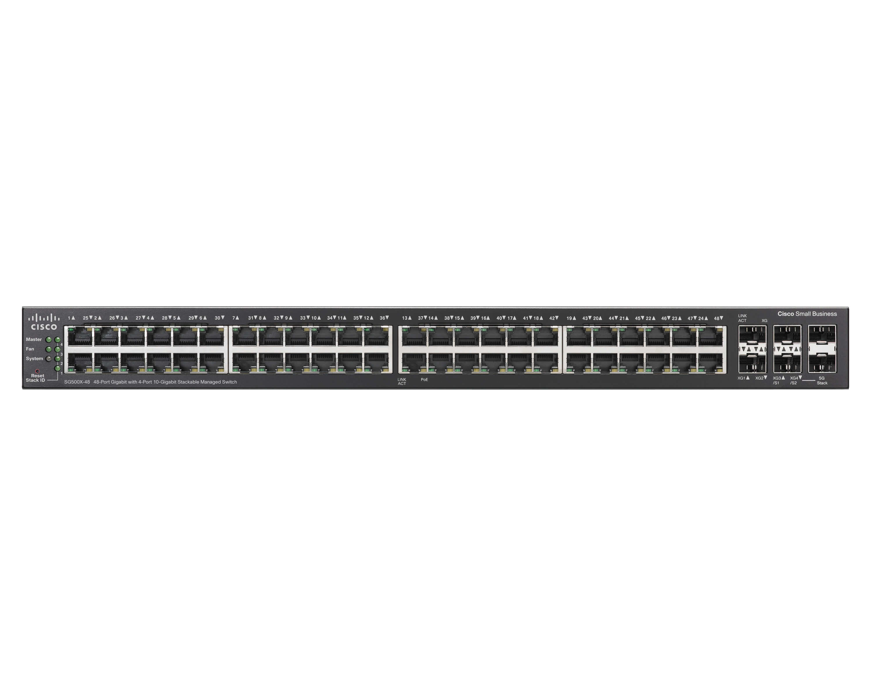 Cisco-Switch mit Anschlüssen und Beschriftungen. Isoliert auf weißem Hintergrund.