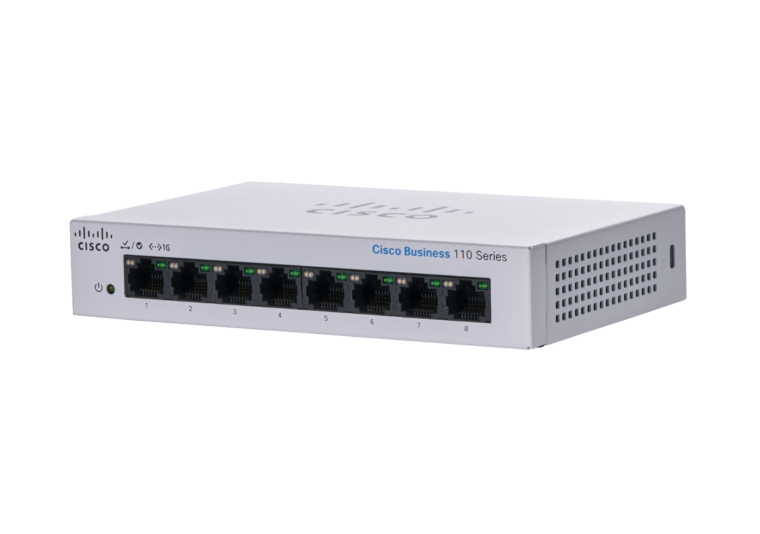 Switch Cisco bianco. Vista frontale con più porte. Cisco Business 110 Series. Bianco.