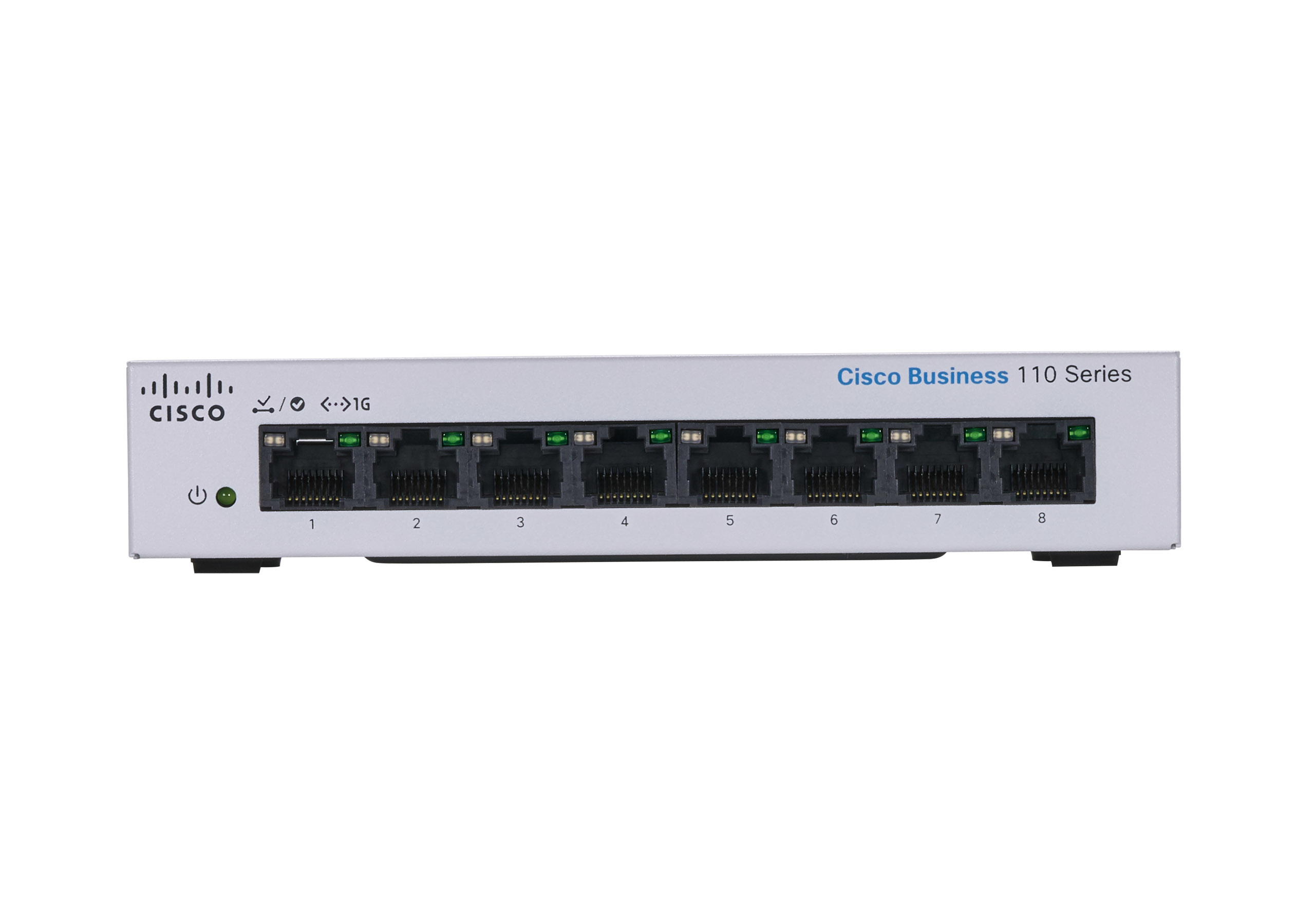 Switch Cisco Business 110 Series, bianco con porte verdi.