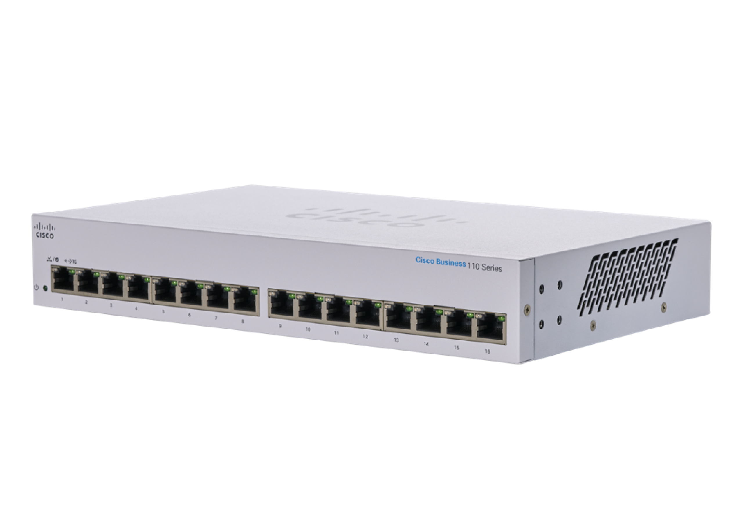 Switch bianco Cisco Business 110 Series con porte e marchio su sfondo bianco.