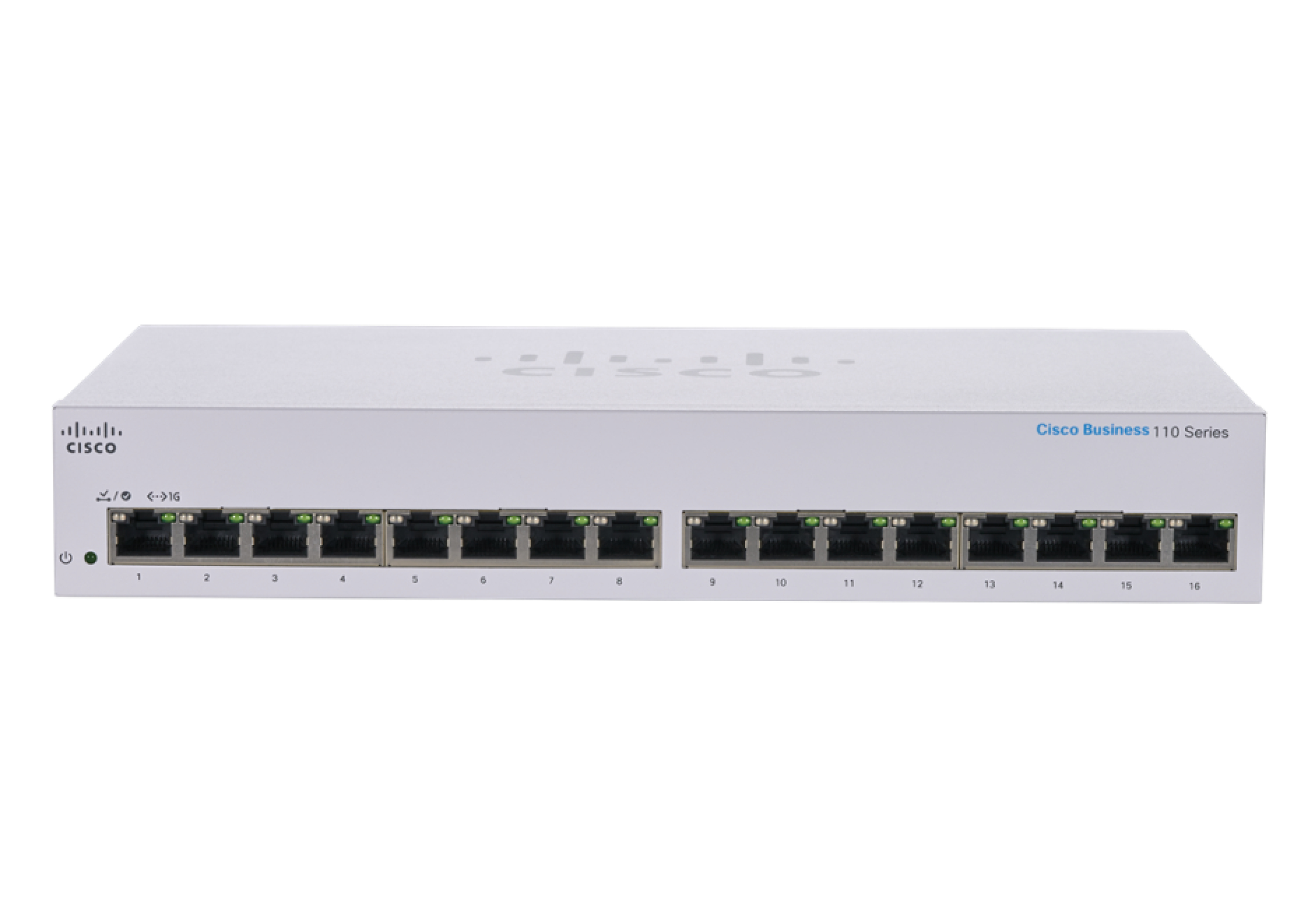 Switch bianco Cisco Business 110 Series con porte, isolato su sfondo bianco.