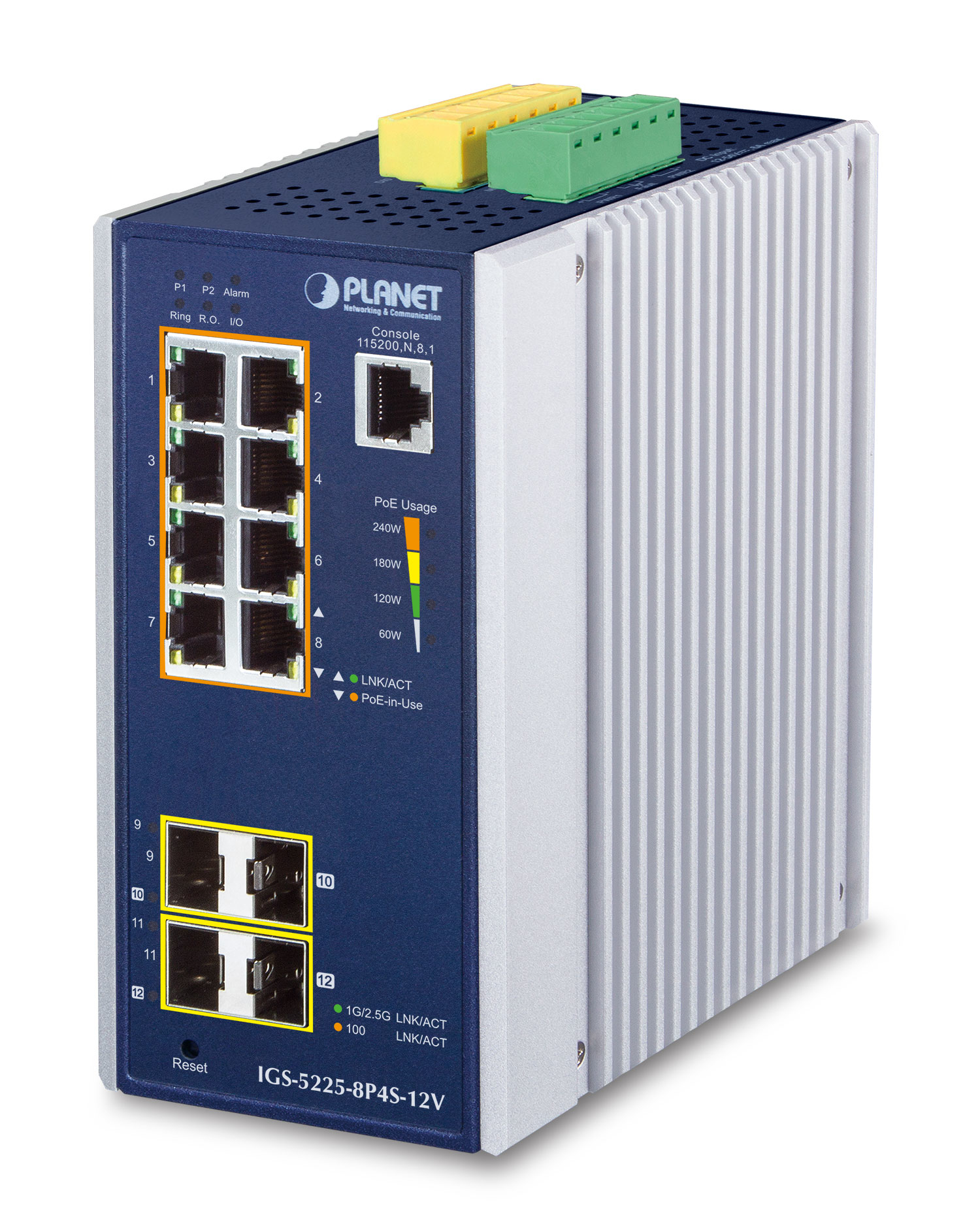 Switch di rete Planet, blu e argento, con porte multiple ed etichette.