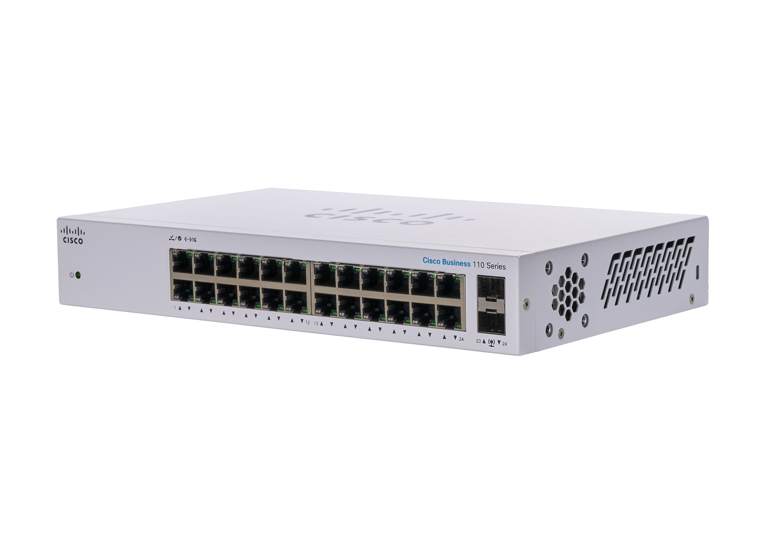 Switch bianco Cisco Business 110 Series con porte, isolato su sfondo bianco.