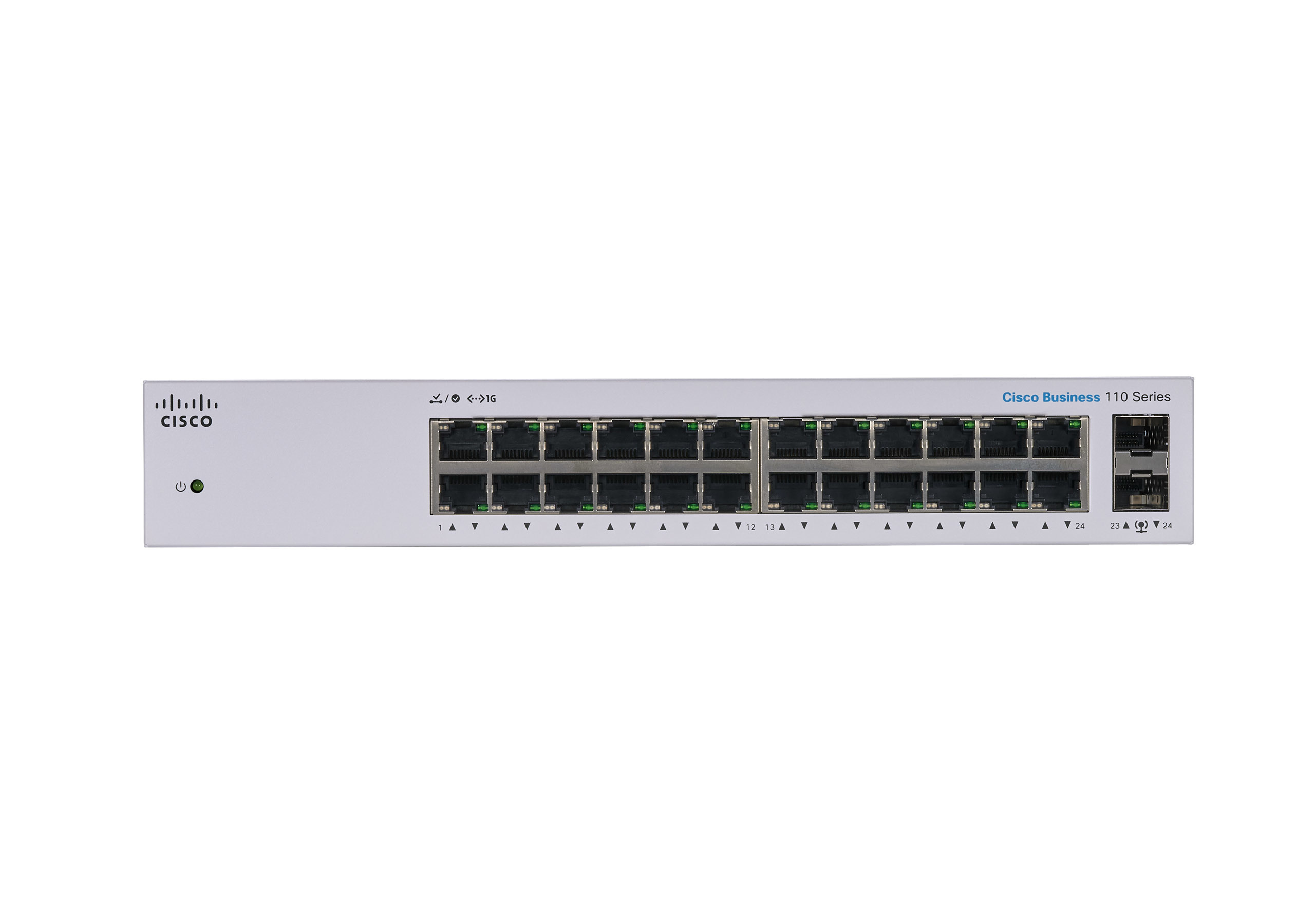 Switch di rete Cisco Business argento con più porte, isolato su sfondo bianco.