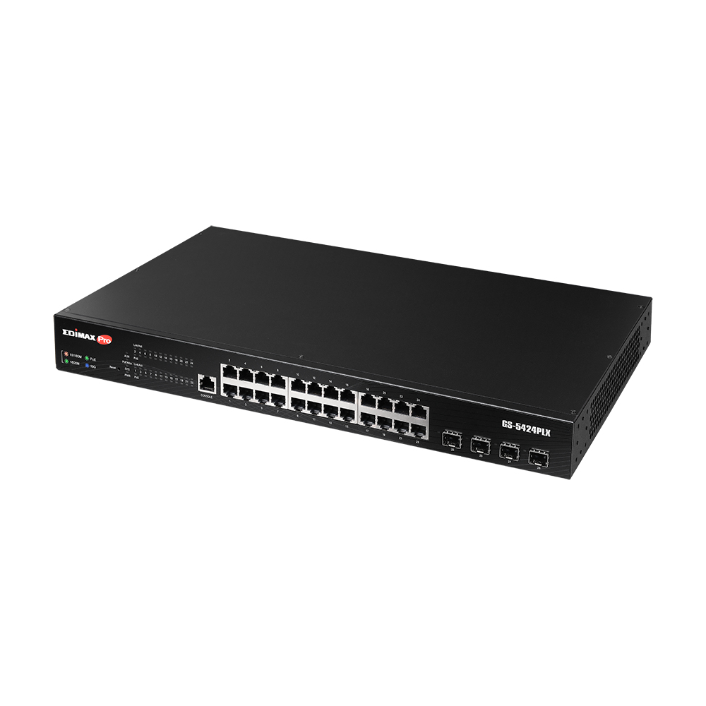 Switch di rete nero con molte porte. Marchio Edimax. Sfondo bianco.