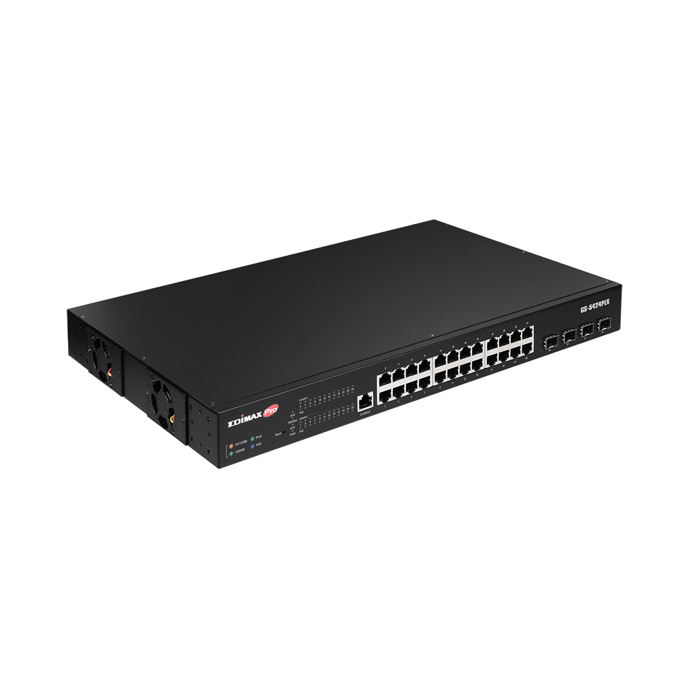 Switch di rete nero con più porte, logo Xoimax Pro e ventole di raffreddamento, isolato su bianco.