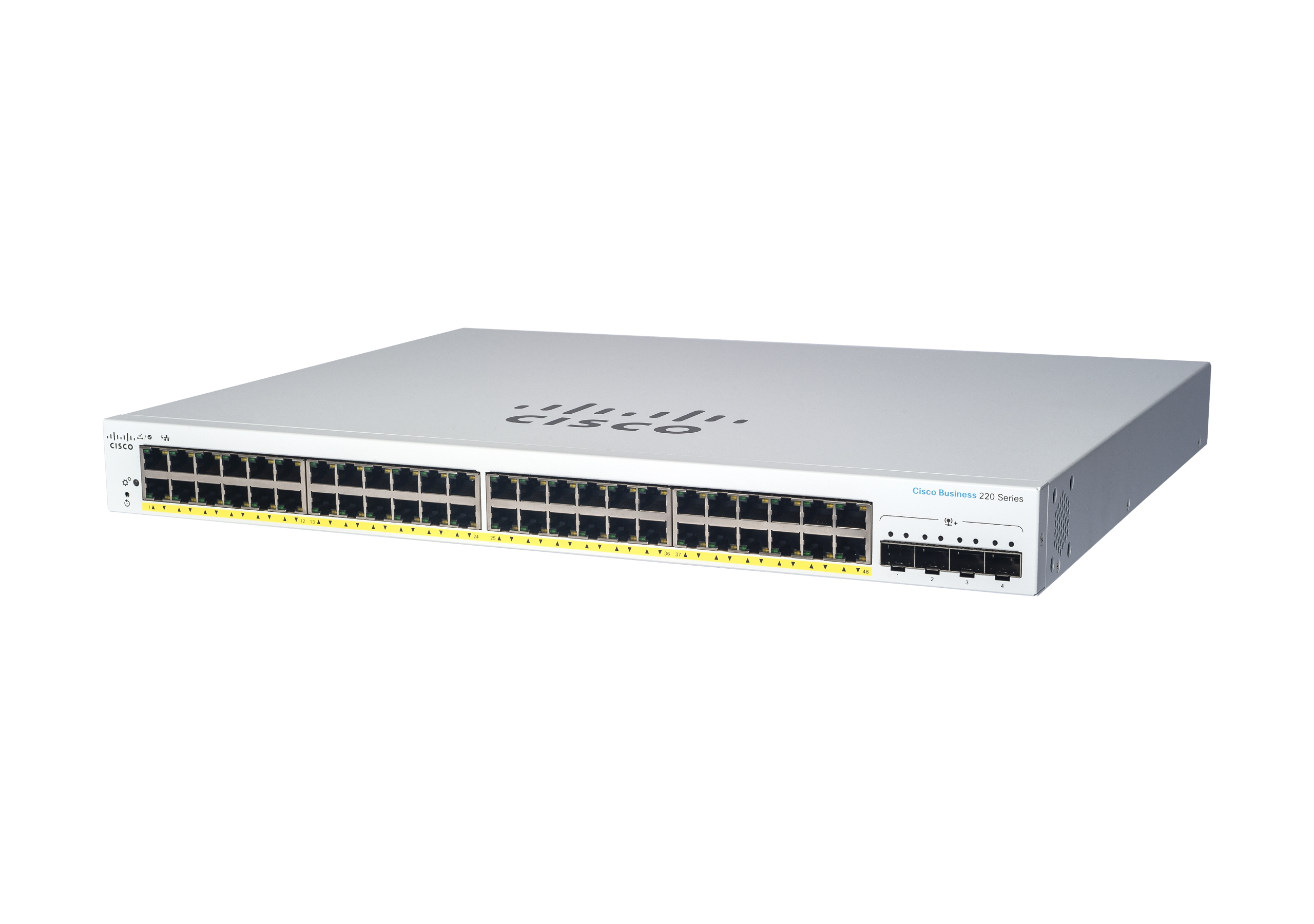 Weißer Cisco-Netzwerk-Switch, 48 Ports, Cisco-Logo oben.