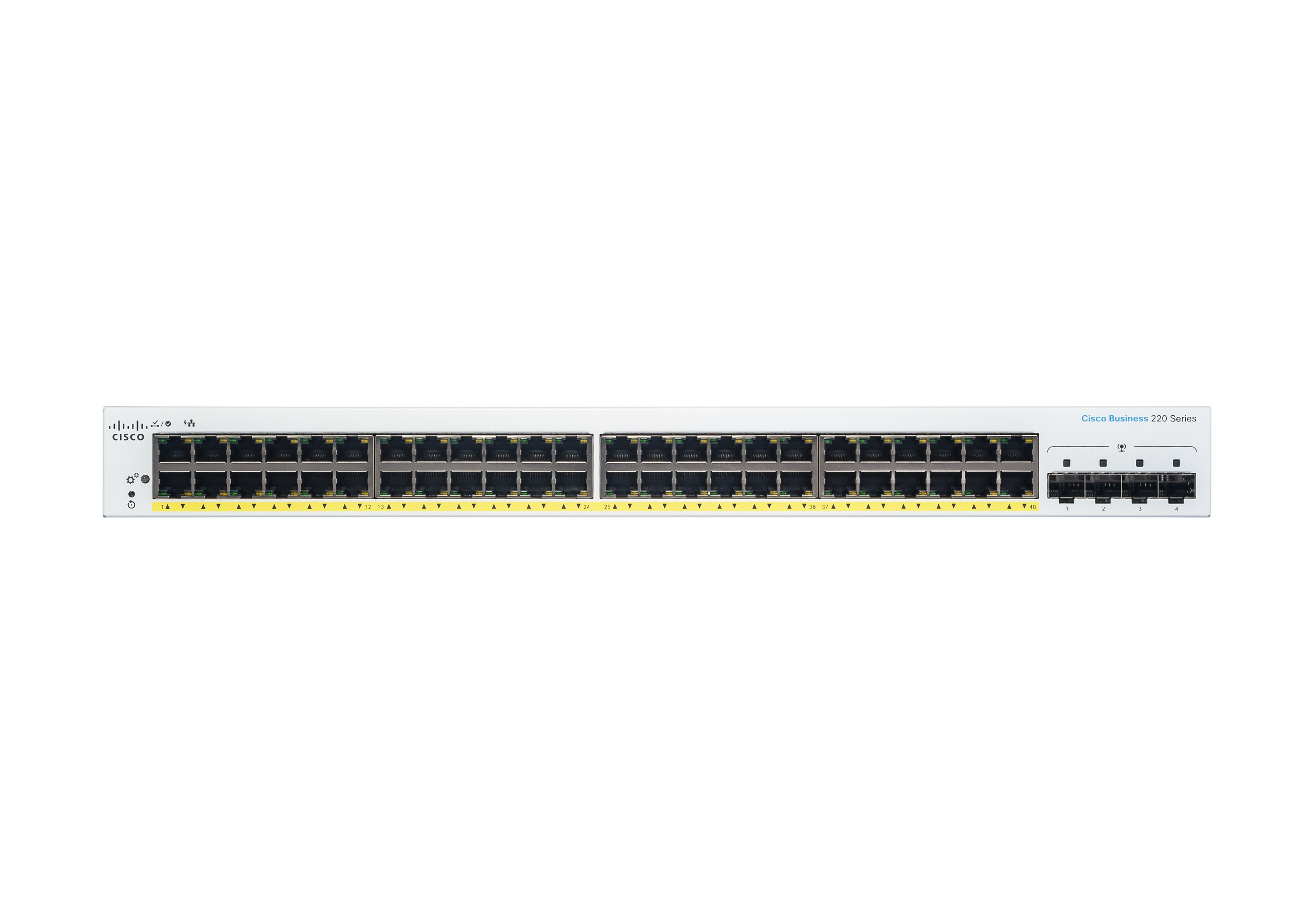 Weißer Cisco Business 220 Series Switch mit Anschlüssen und Branding, auf weißem Hintergrund.