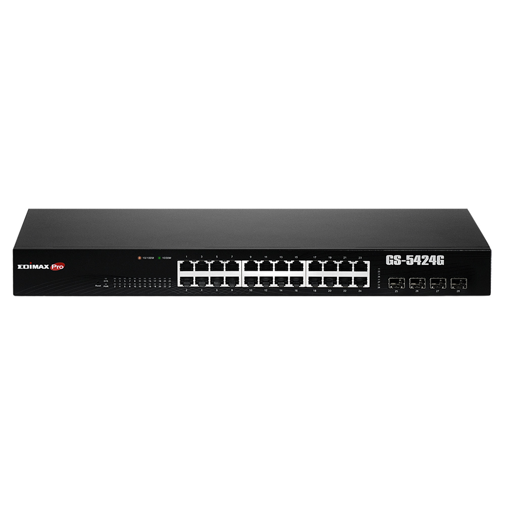Switch di rete Edimax Pro nero con più porte ed etichette, su sfondo bianco.