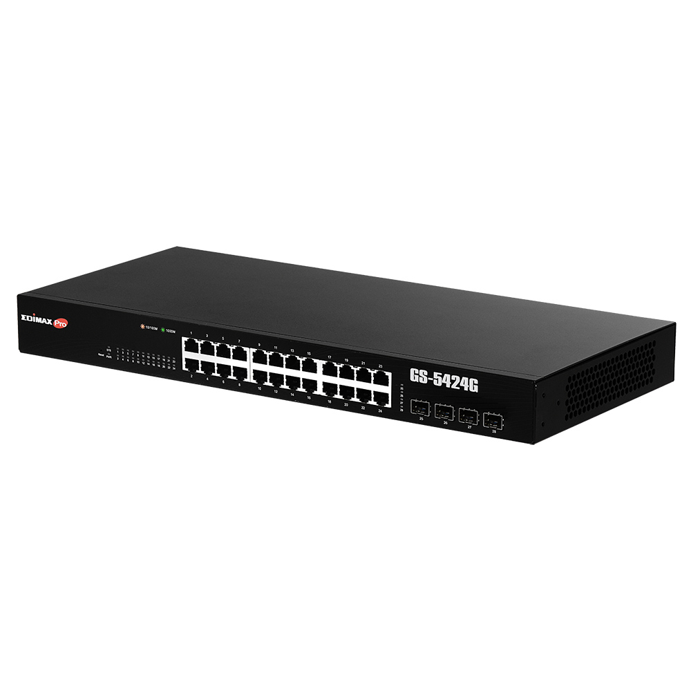 Switch Edimax nero con più porte. Edimax Pro in alto a sinistra. Sfondo bianco.
