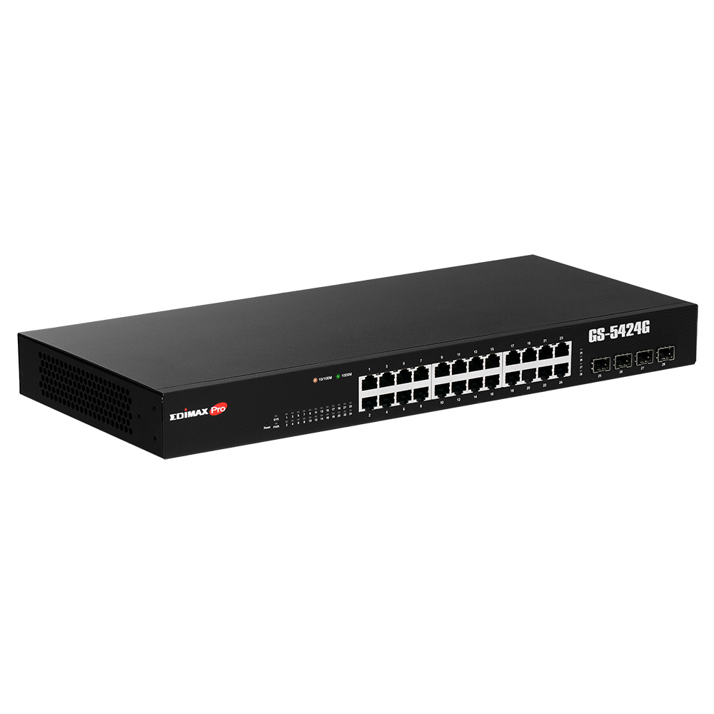 Switch Edimax Pro. Dispositivo nero con molte porte. Logo Edimax visibile.