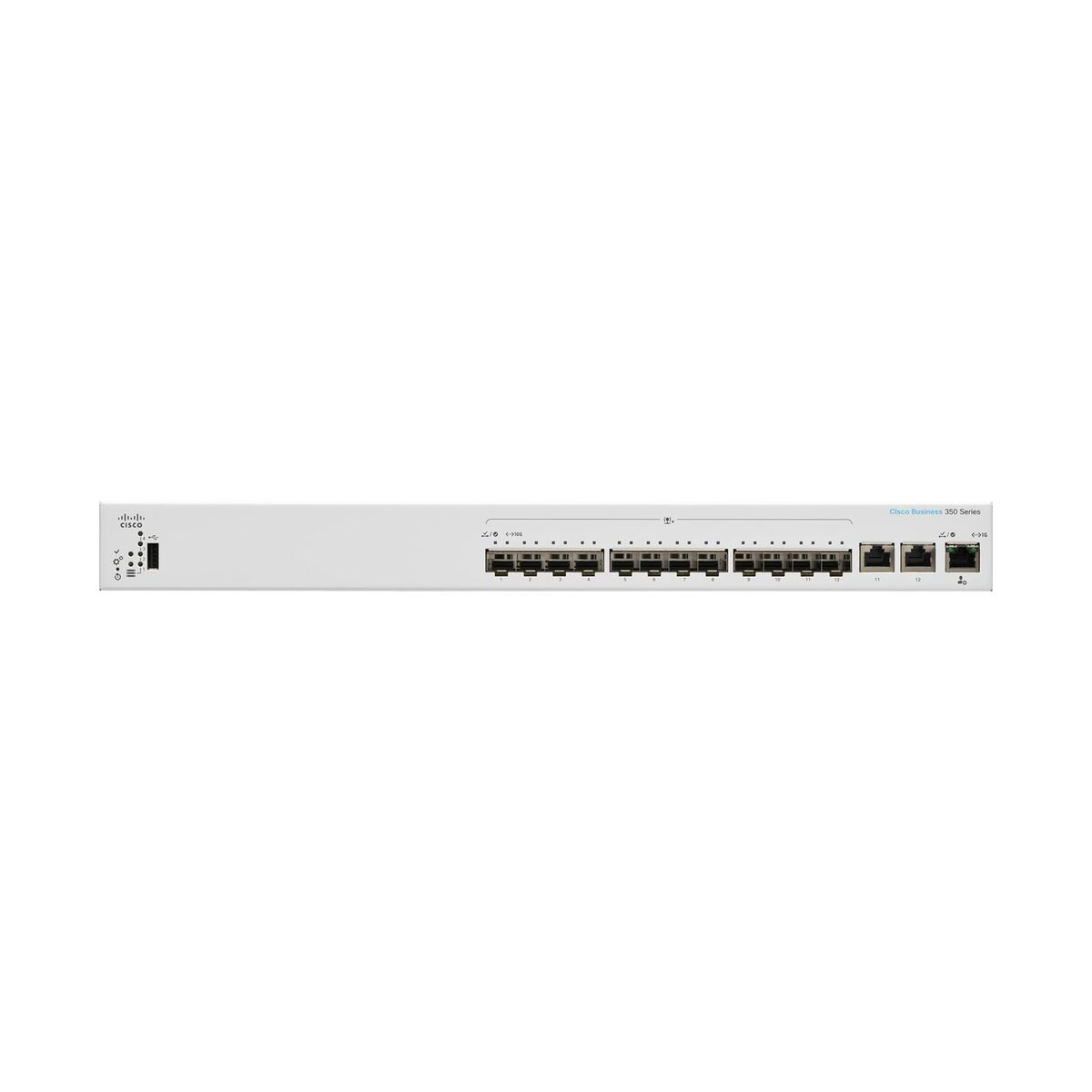 Cisco Business 350 Series Switch, weiß. Vorderansicht. Ports sichtbar. Text: Cisco Business 350 Series.