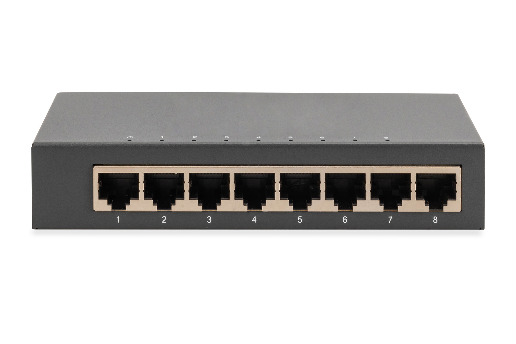 Uno switch di rete grigio con otto porte Ethernet numerate su sfondo bianco.