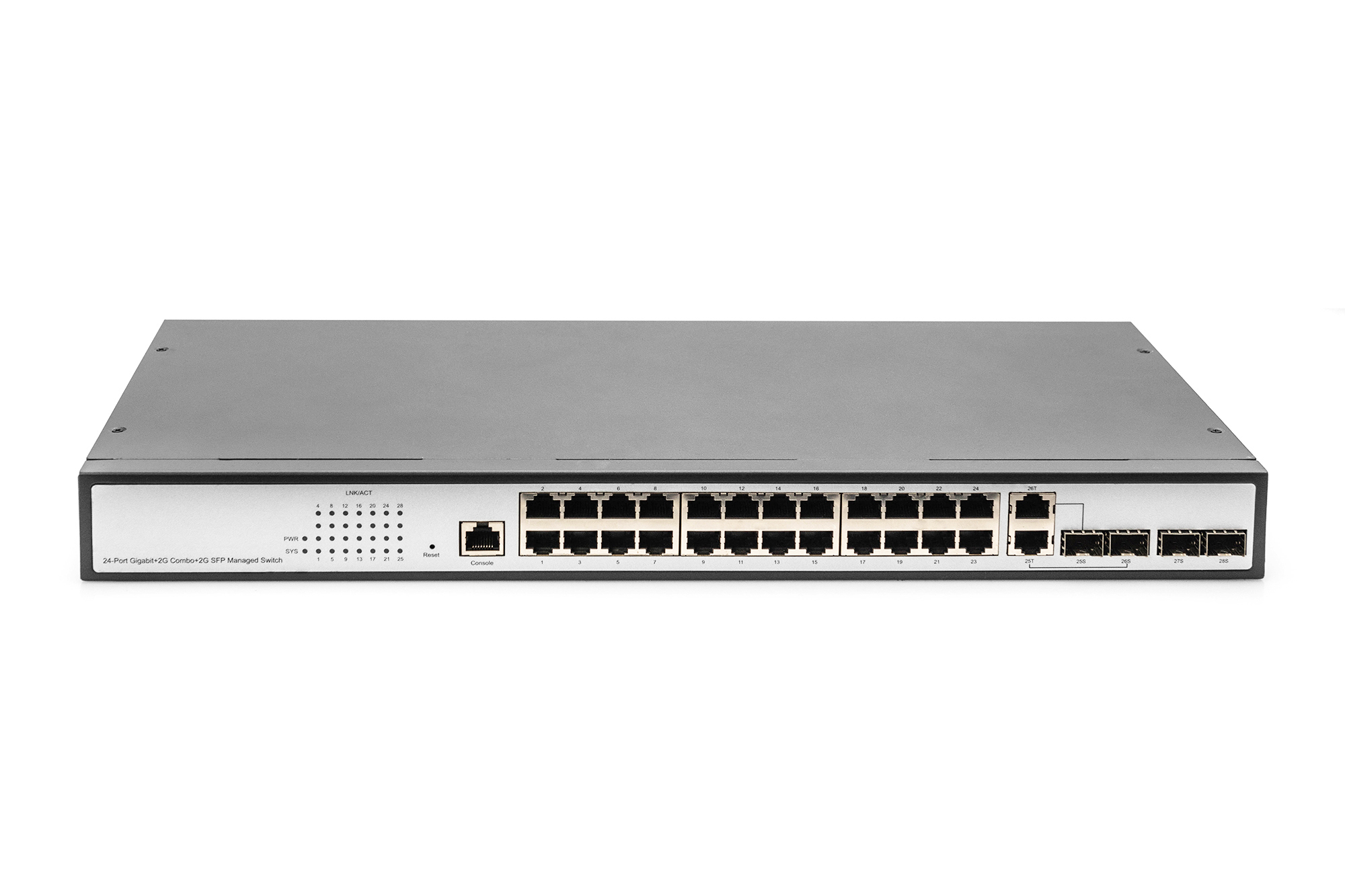 Switch di rete grigio con più porte ed etichette, su sfondo bianco.