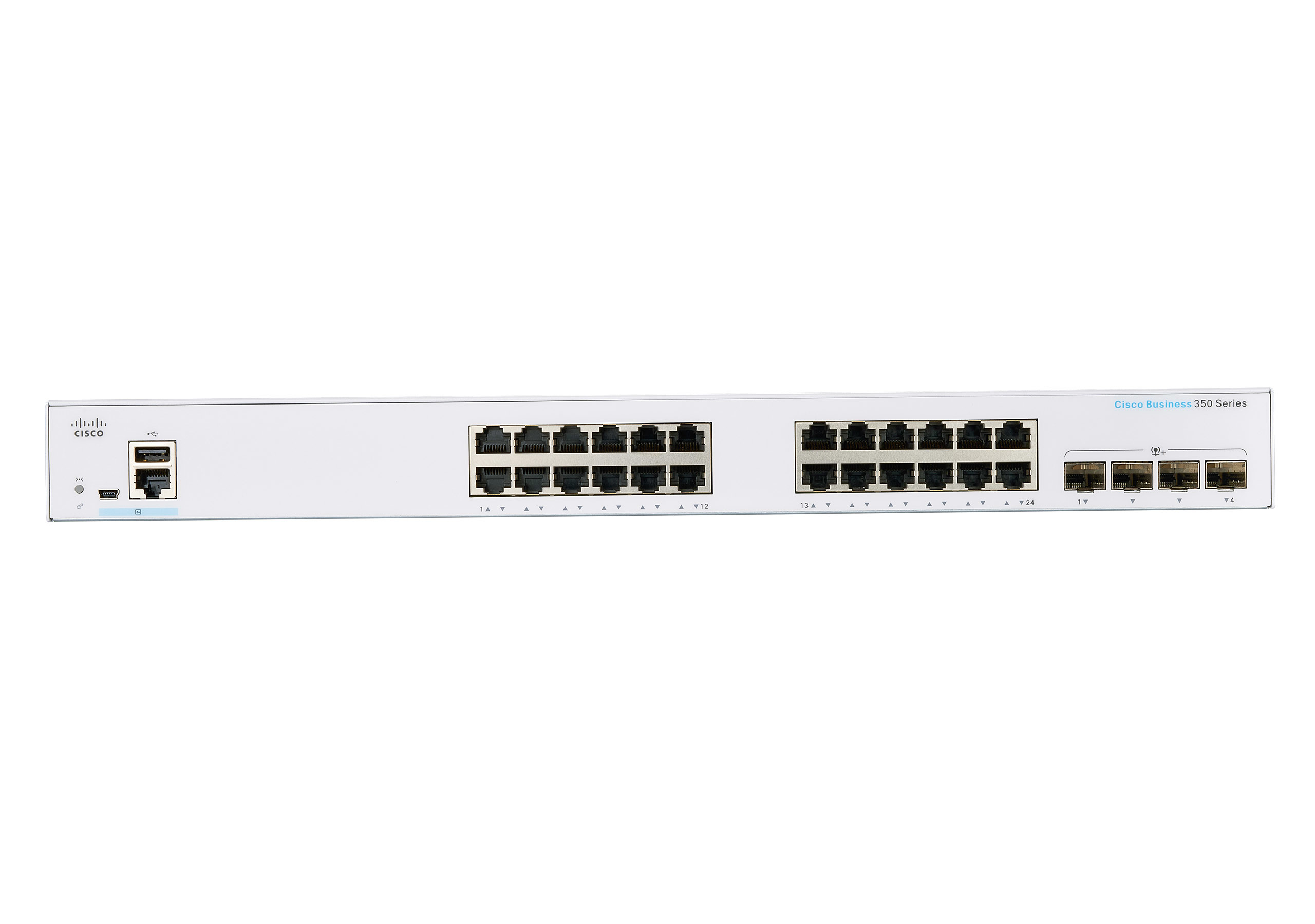 Weißer Cisco Business 350 Series Switch mit Ports vorne.