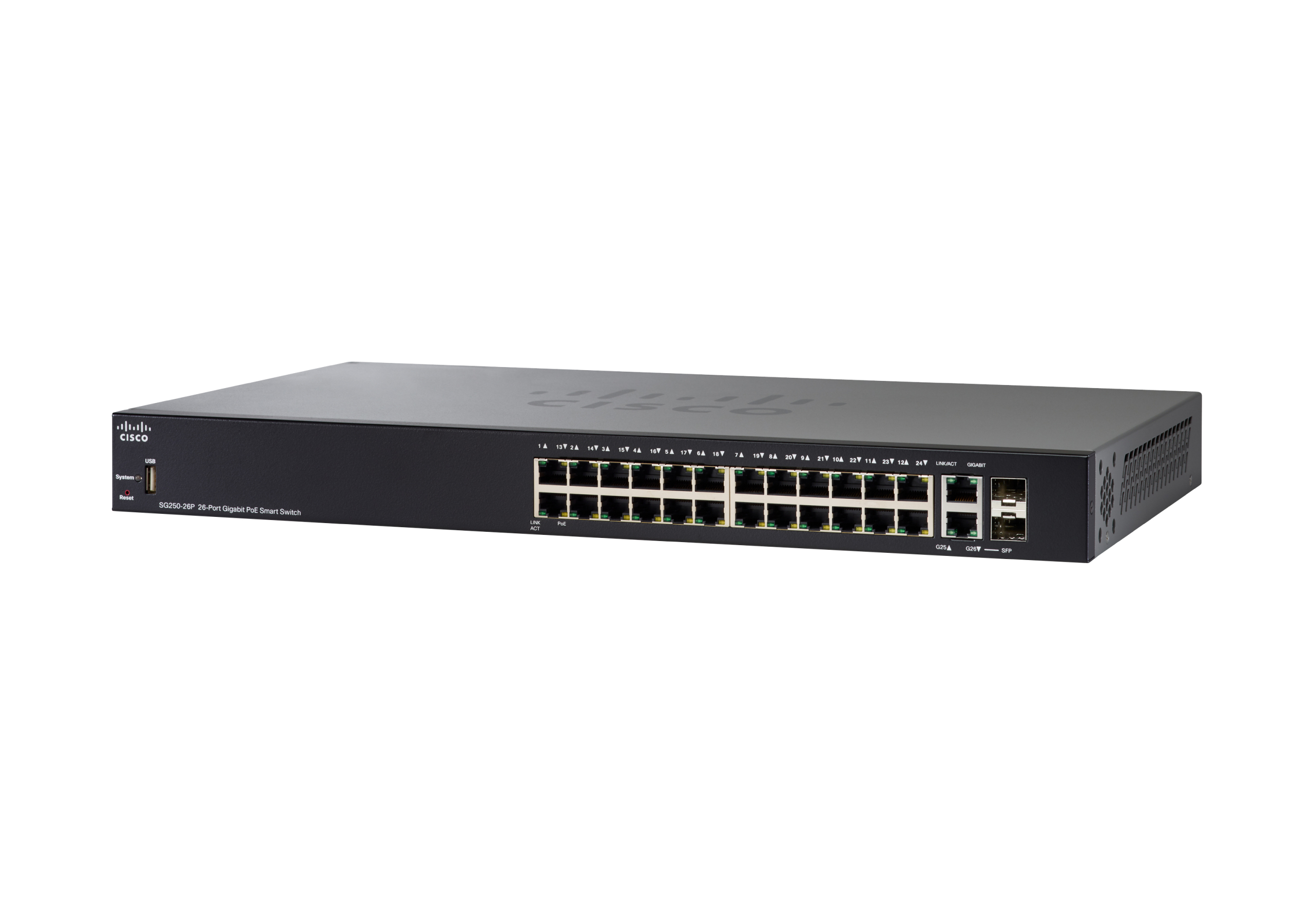 Switch di rete Cisco nero con porte. Sfondo bianco. Logo Cisco a sinistra.