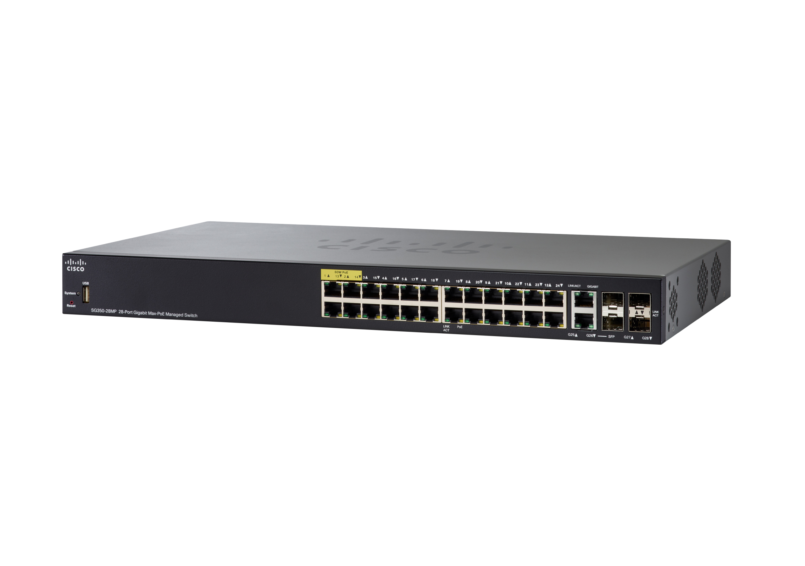 Schwarzer Cisco-Switch mit Ports und Cisco-Logo oben.