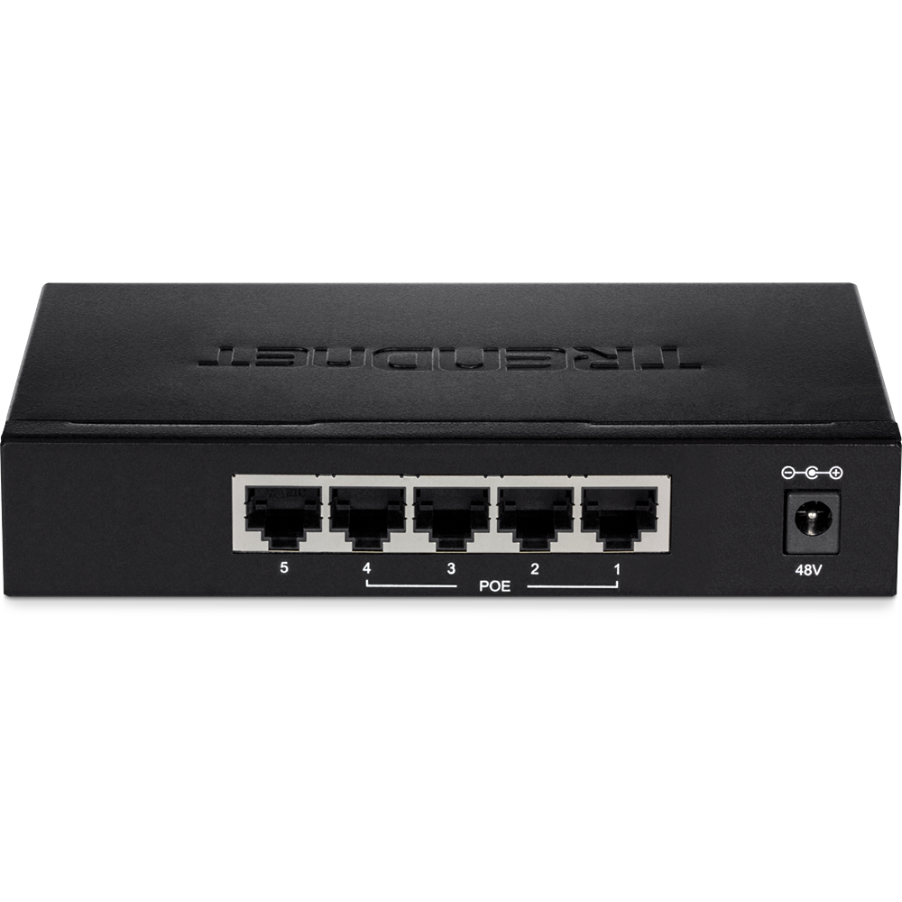 Switch di rete nero con il logo TRENDnet e più porte, isolato su bianco.