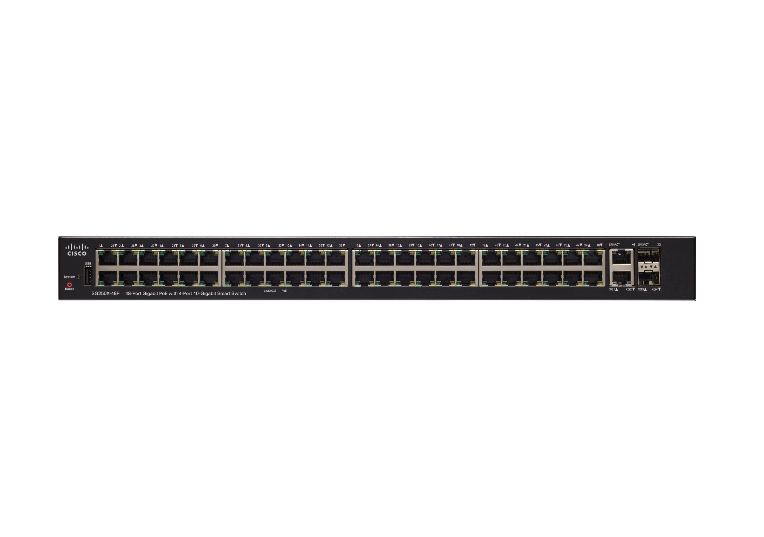 Schwarzer Cisco-Switch mit vielen Anschlüssen. Weißer Hintergrund.