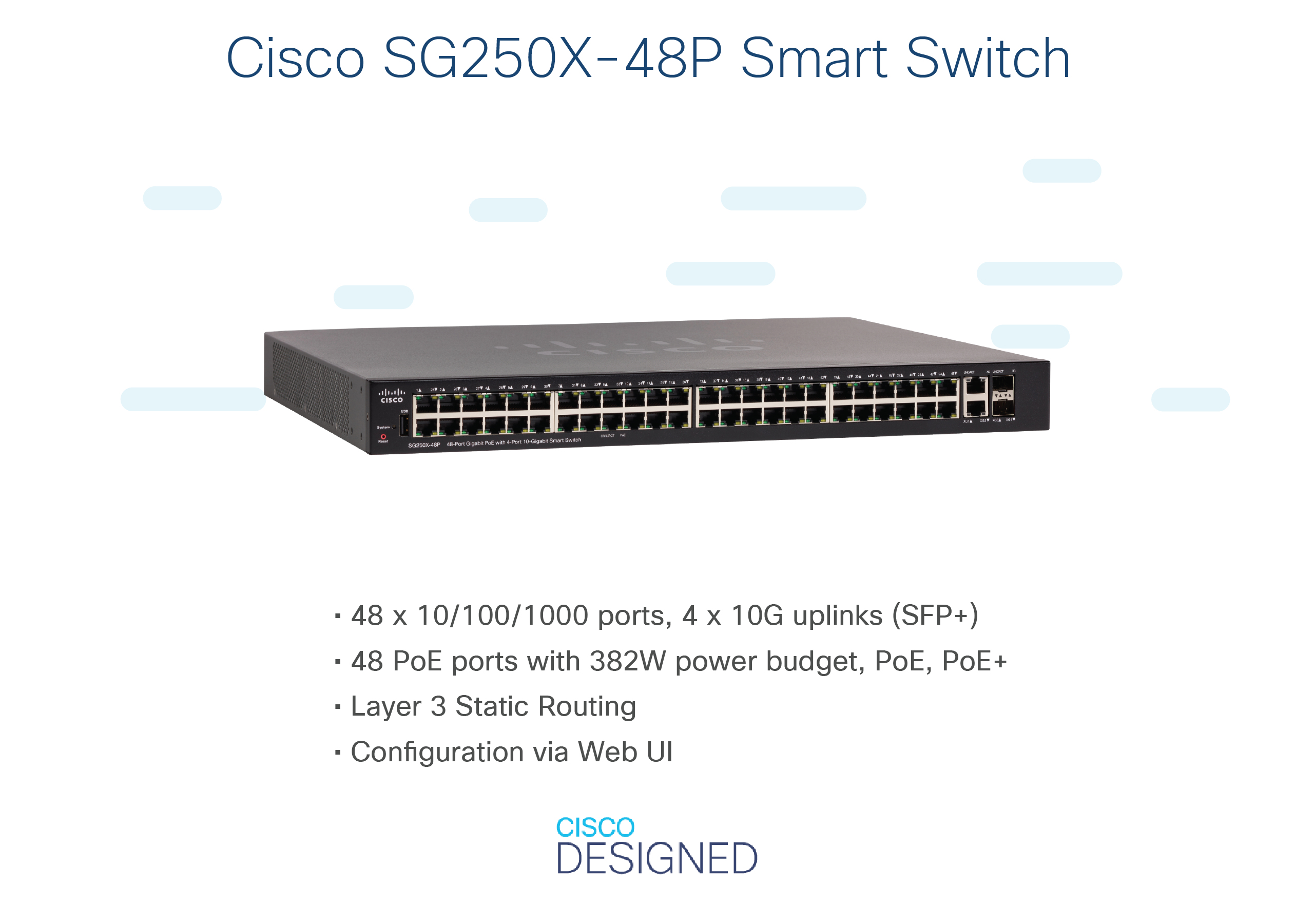 Schwarzer Cisco SG250X-48P Smart-Switch mit Anschlüssen, Text und weißem Hintergrund.