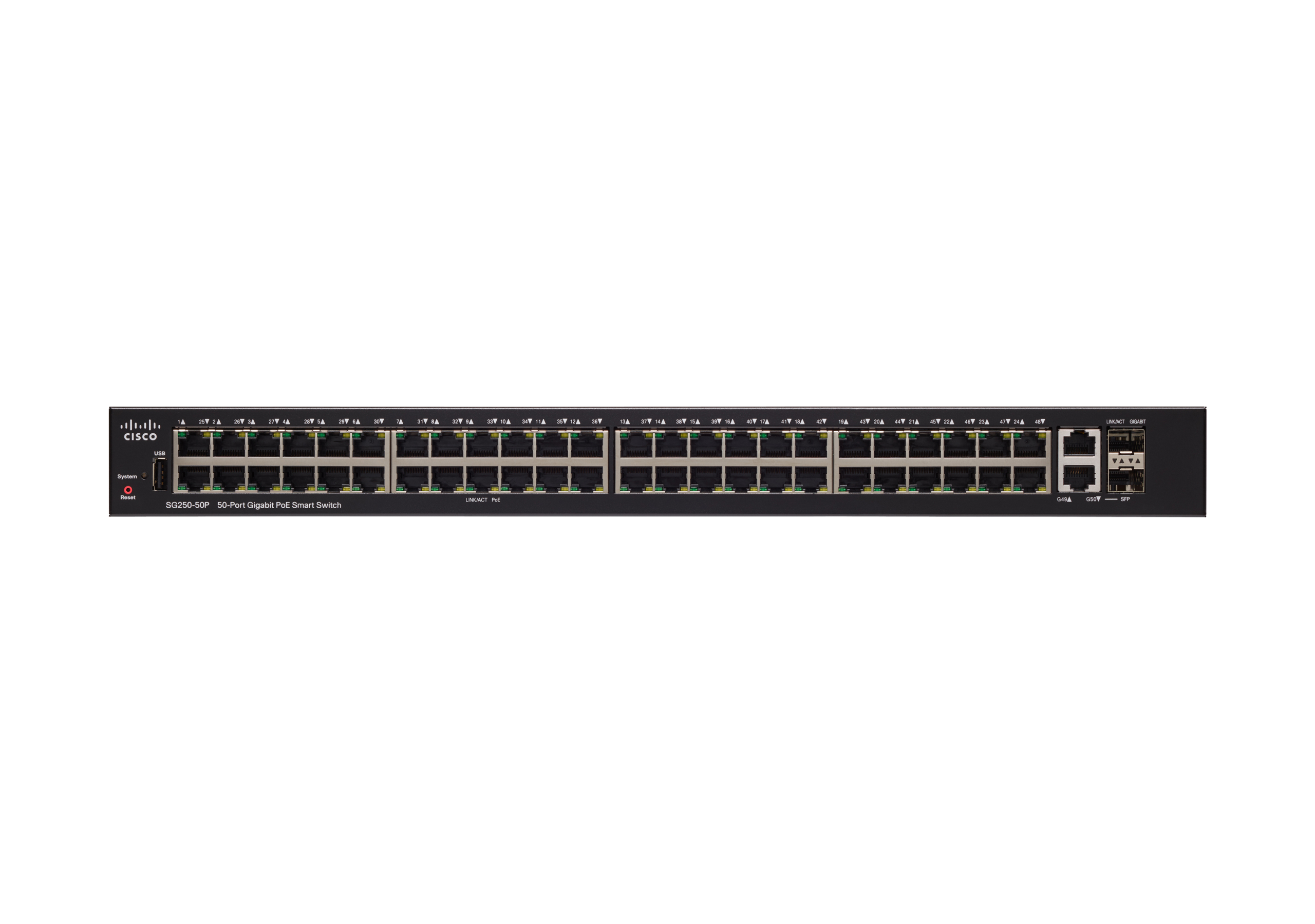 Schwarzer Cisco 48-Port-Smart-Switch. Anschlüsse sind vorne, Ein-/Aus-Taste links.