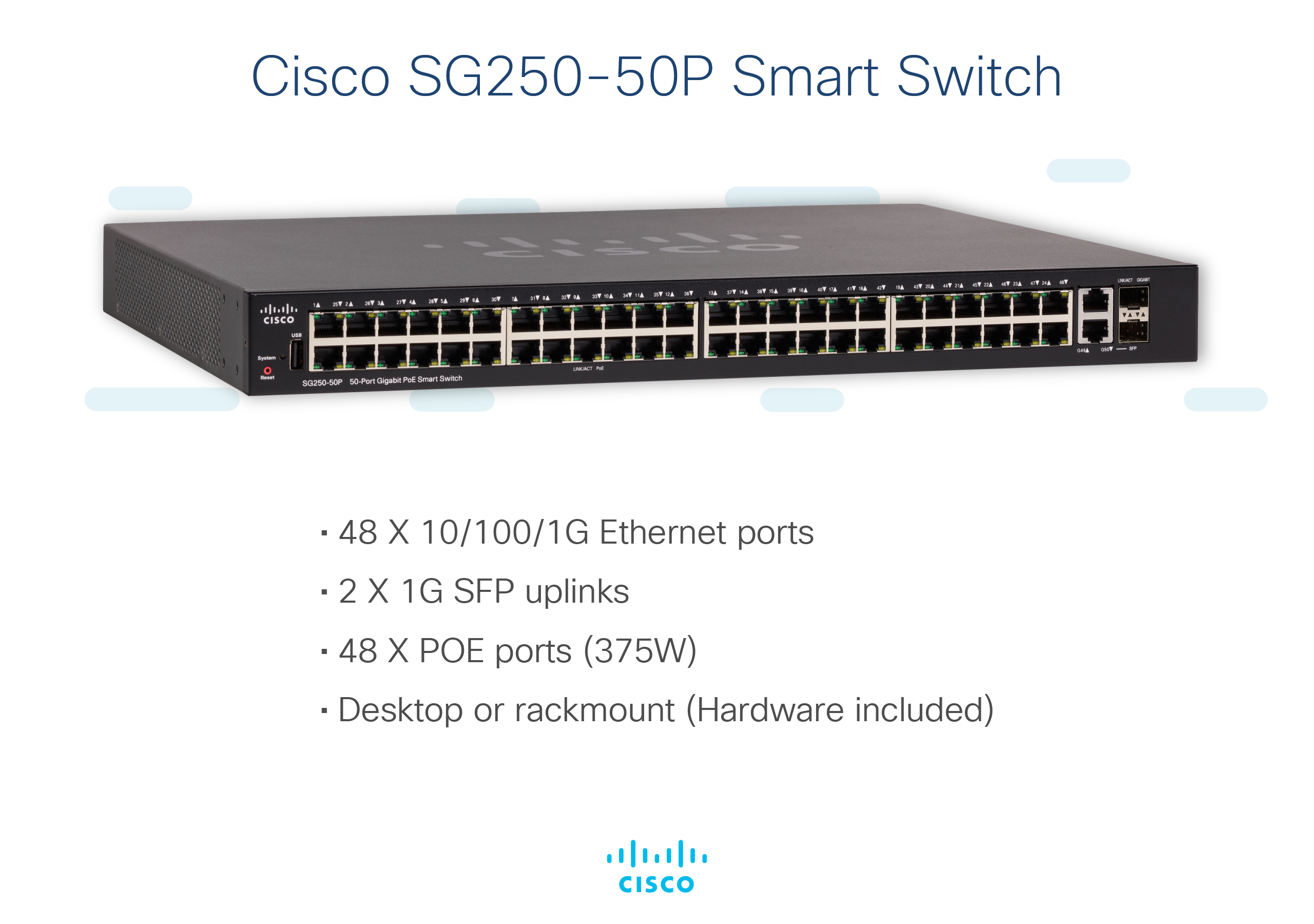 Schwarzer Cisco SG250-50P Smart Switch, mit Textbeschreibung auf weißem Hintergrund.