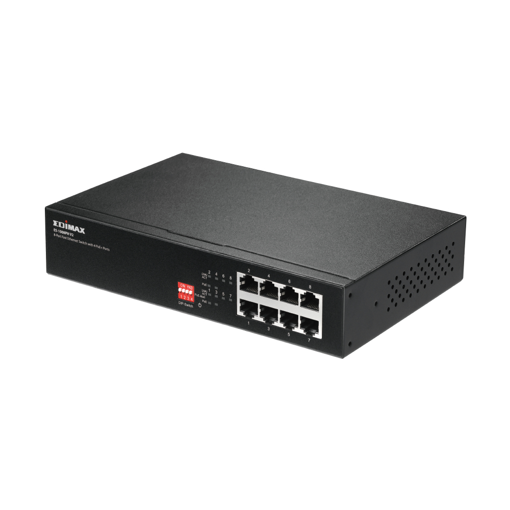 Switch di rete nero con porte ed etichette. Il logo Edimax è visibile.
