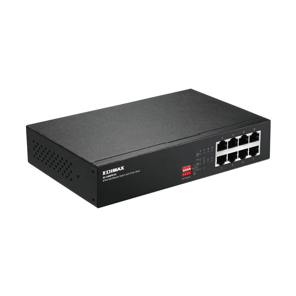 Uno switch di rete Edimax nero con otto porte, con uno sfondo bianco.