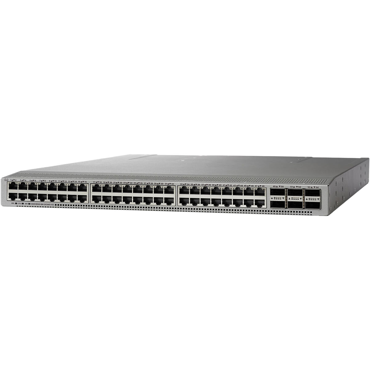 Uno switch di rete argentato con molte porte. È lungo e rettangolare.