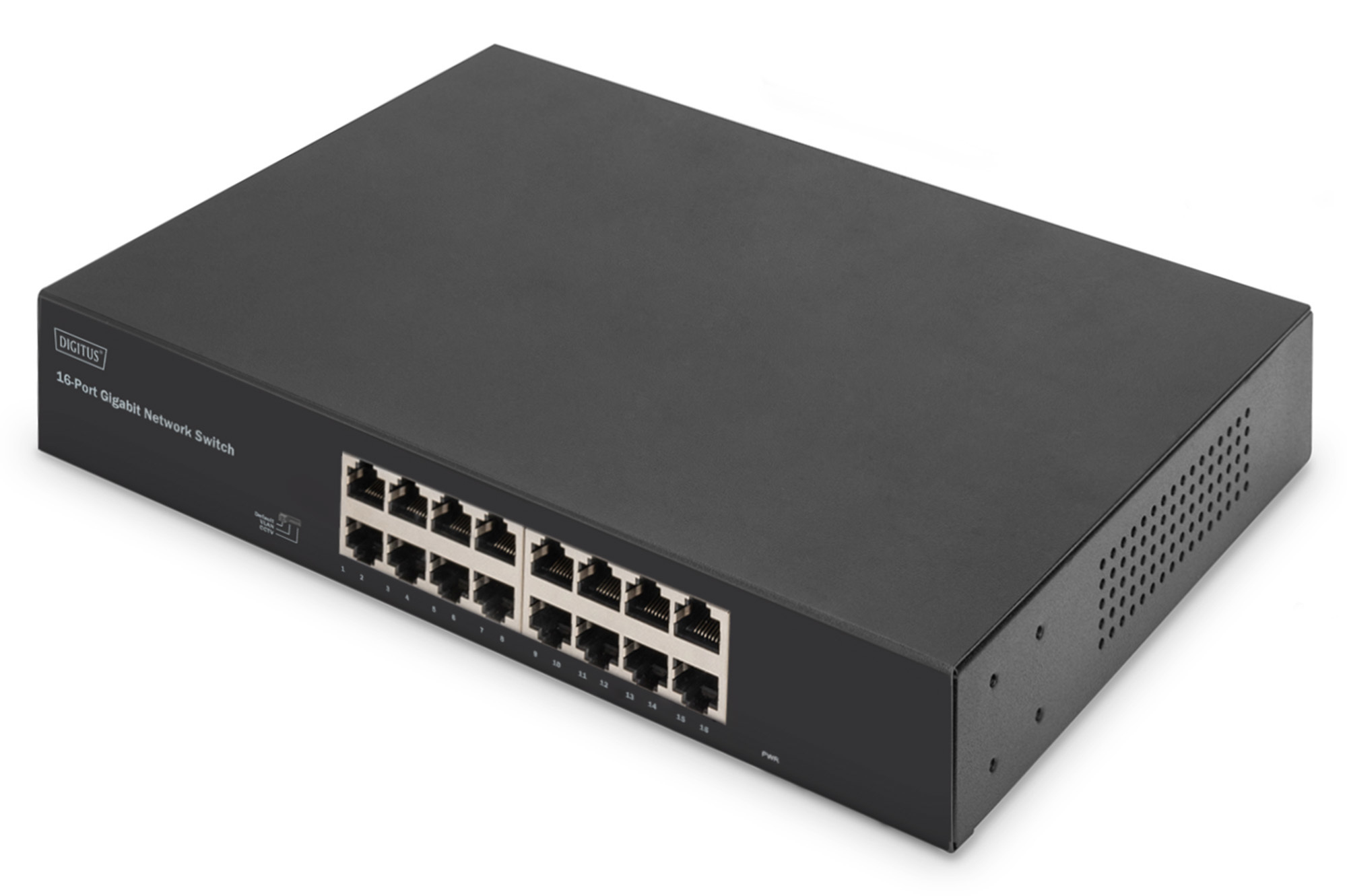 Switch Digitus nero a 16 porte. Sfondo bianco.