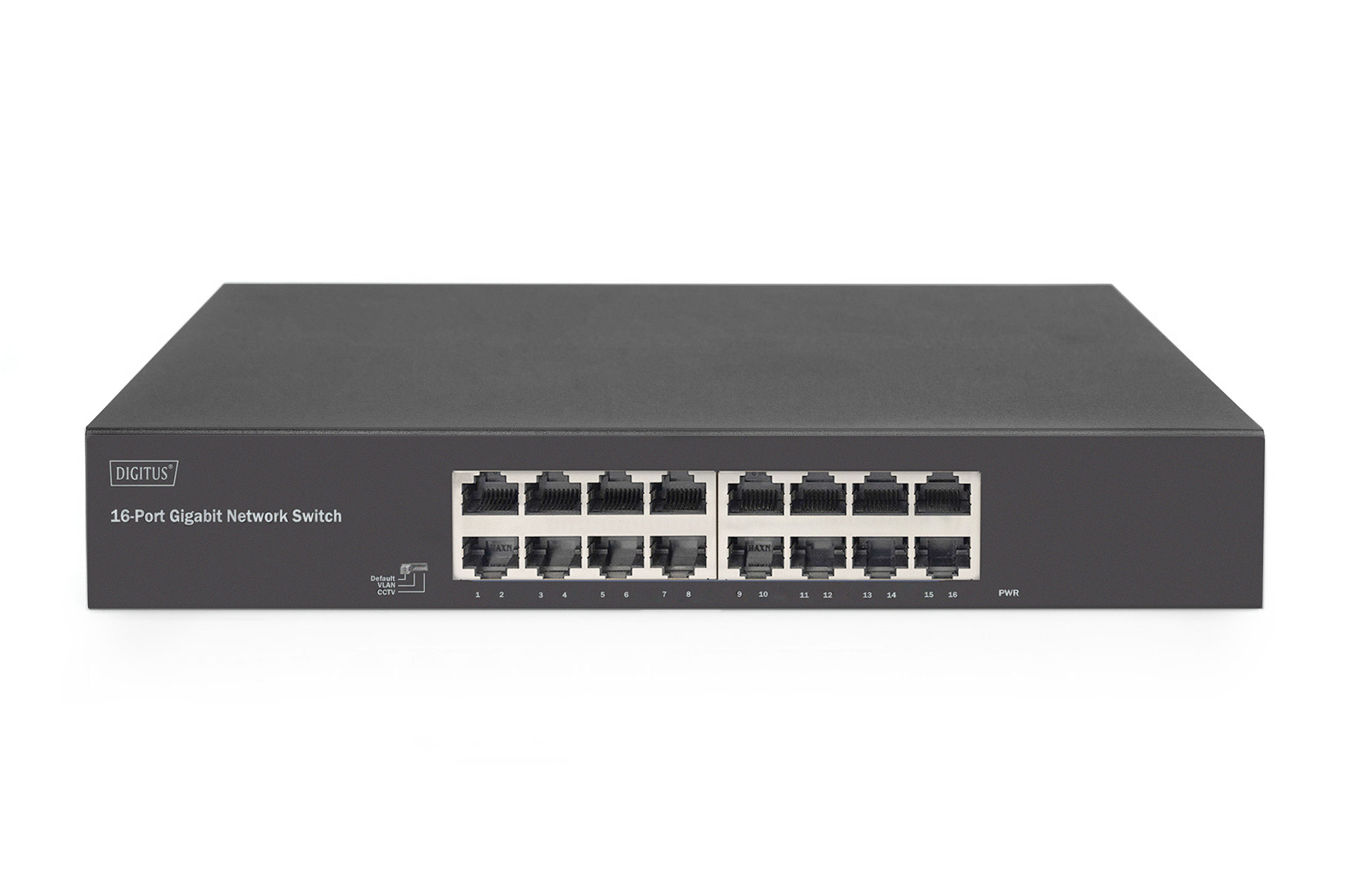 Switch di rete Gigabit a 16 porte Digit nero. Sfondo bianco.