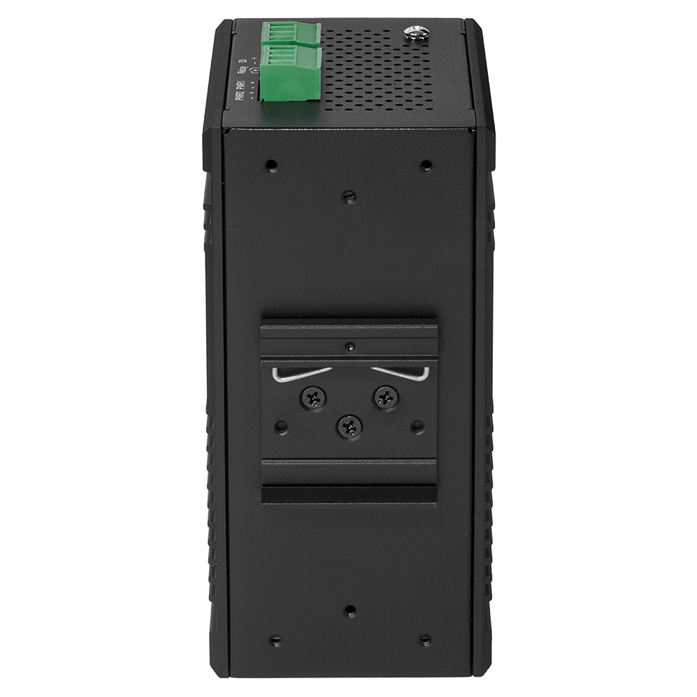 Vista laterale dello switch di rete nero. Porta verde, fori per viti e una staffa di montaggio.