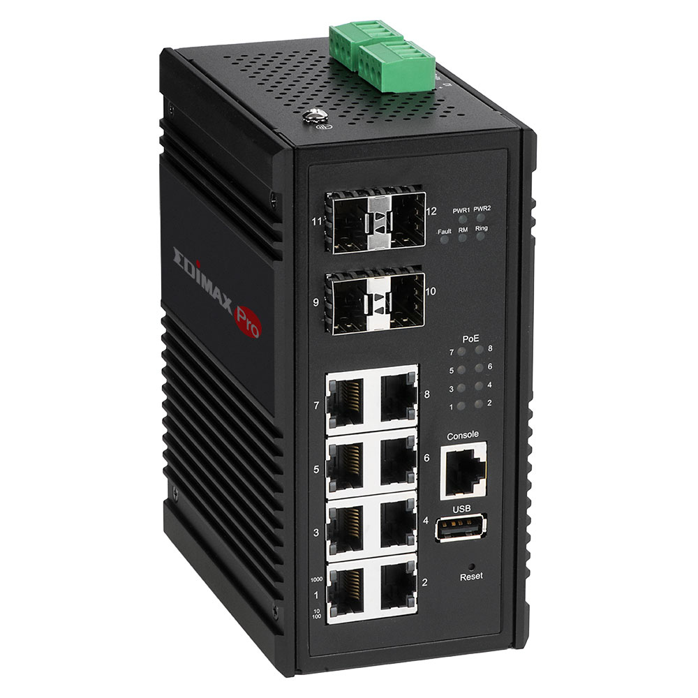 Switch Edimax Pro nero. Verticale, con porte frontali. Connettore verde in alto.