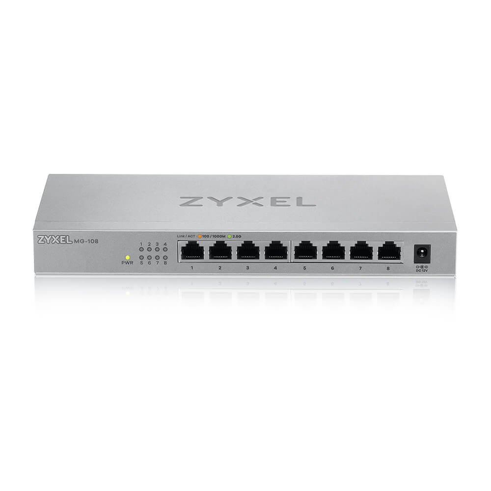 Switch Zyxel MG-108 argento, otto porte Ethernet, spie di alimentazione.
