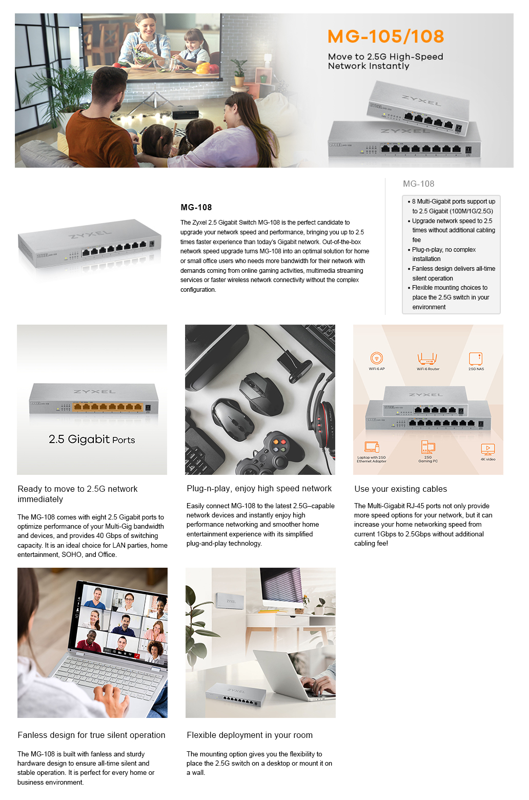Switch di rete con più porte, sfondo bianco. Testo sulla rete 2.5G. Persone che guardano la TV sullo sfondo.