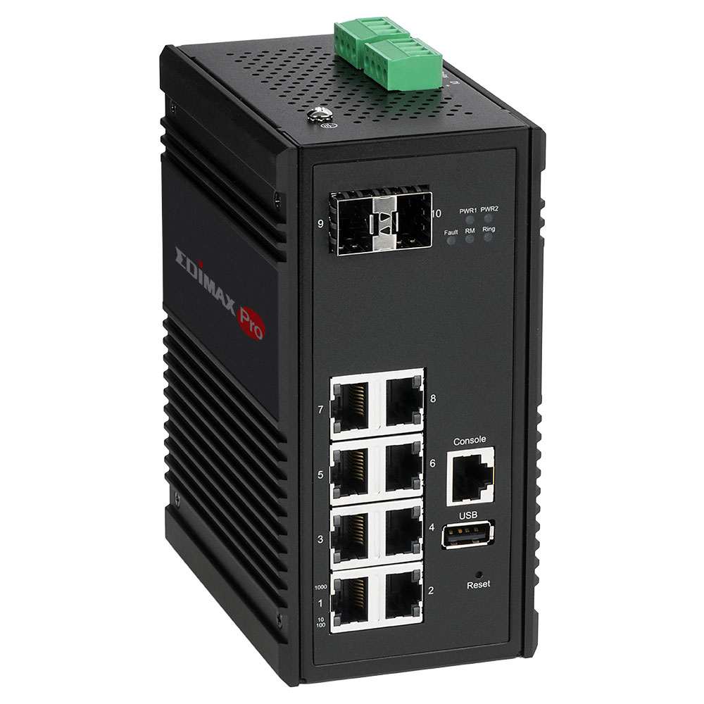 Switch Edimax Pro nero. Verticale, con porte frontali. Connettore verde in alto.