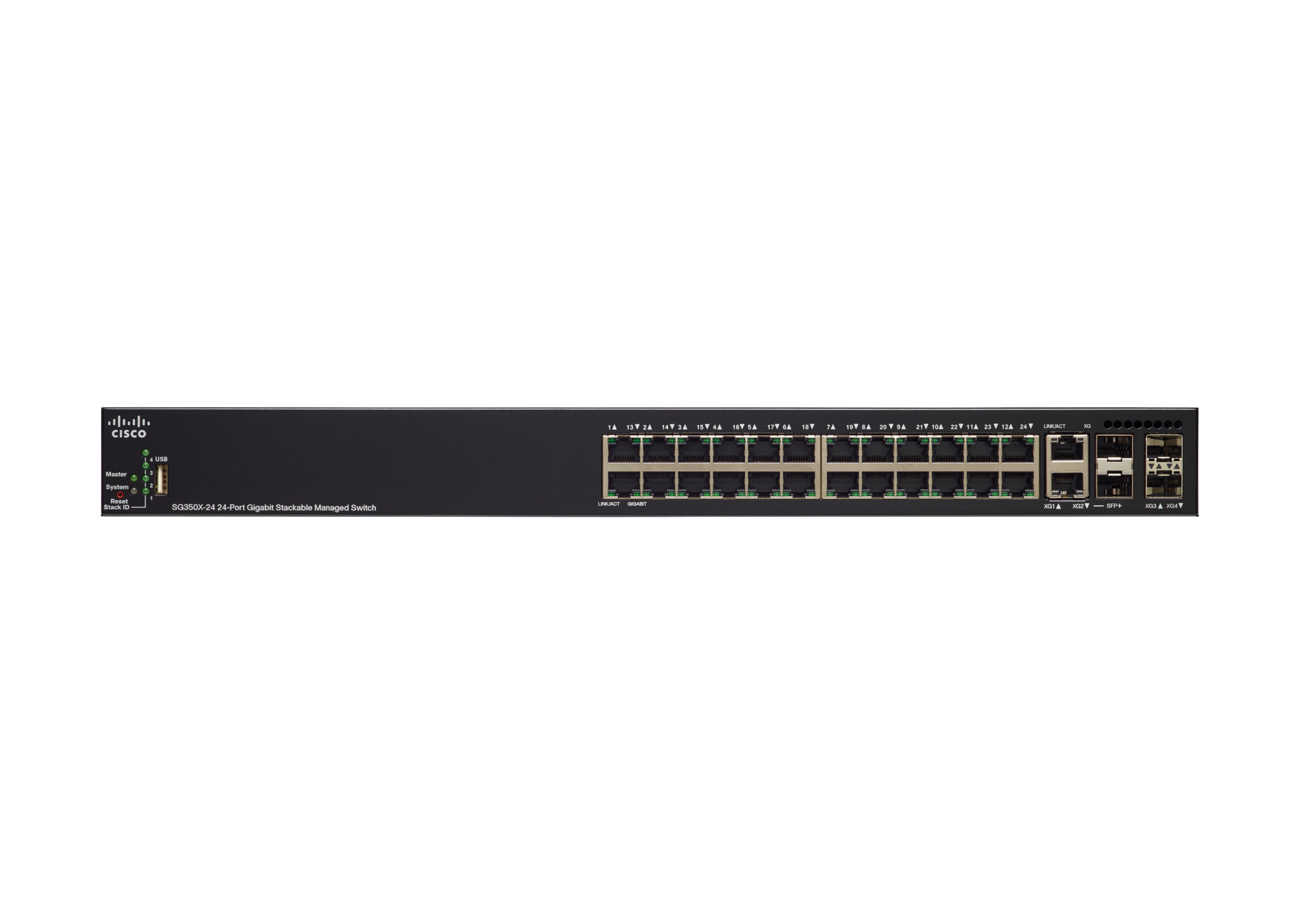 Cisco-Switch, schwarz, mit vielen Anschlüssen. Vorderansicht, weißer Hintergrund, Cisco-Logo sichtbar.