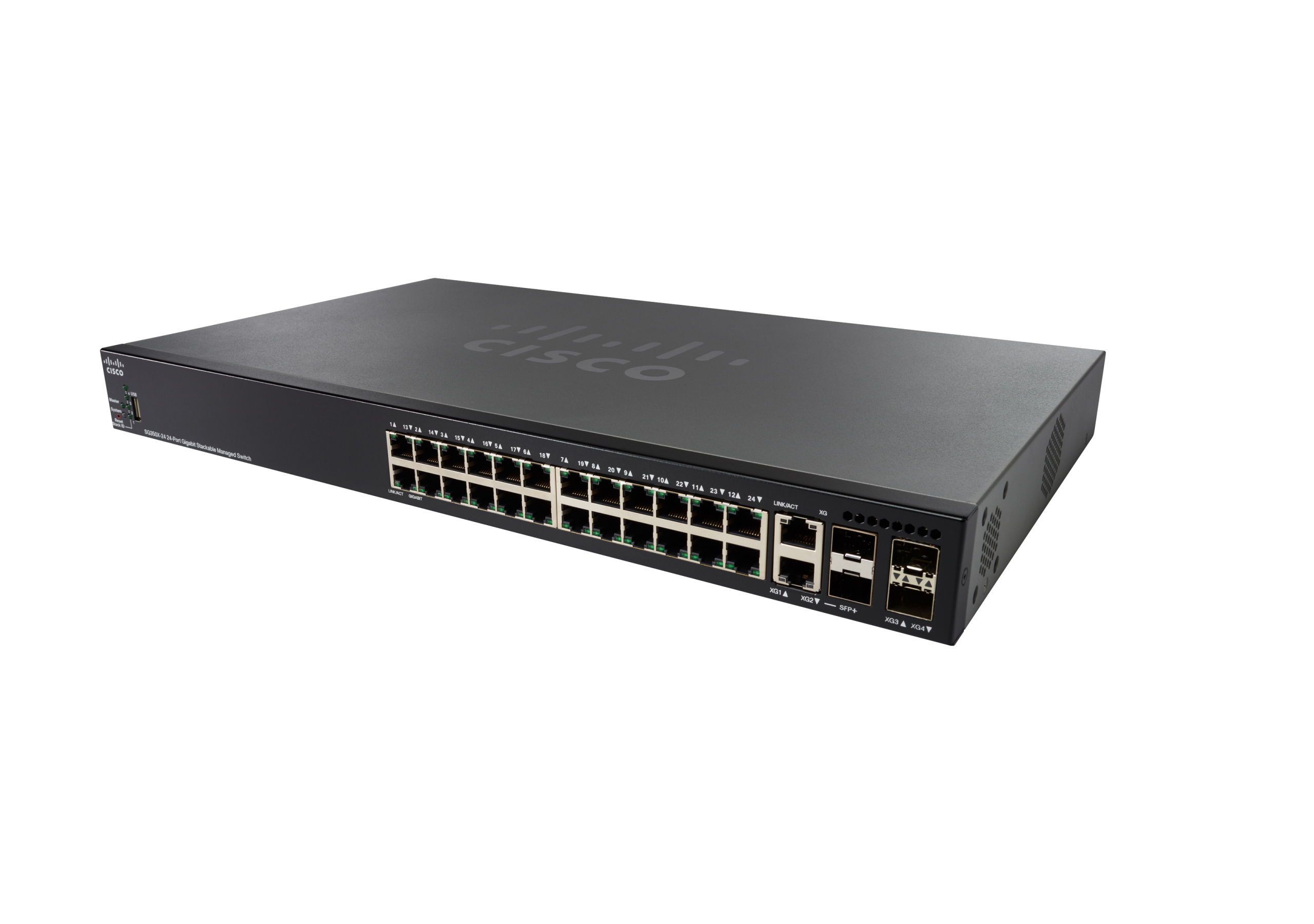 Schwarzer Cisco-Netzwerk-Switch mit mehreren Anschlüssen und Cisco-Logo oben. Weißer Hintergrund.