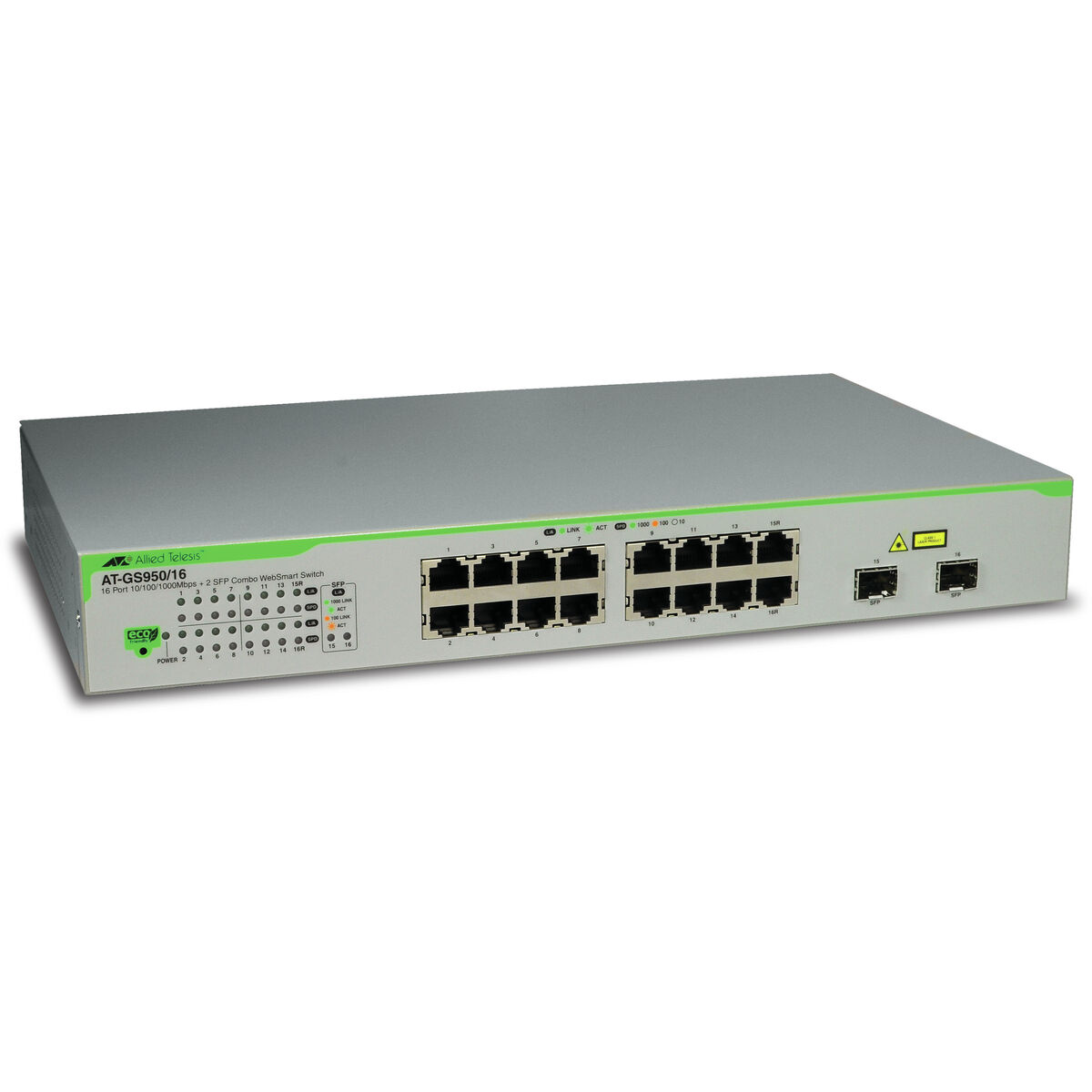 Switch di rete argentato e verde con porte ed etichette. Sfondo bianco. Logo del marchio in alto.