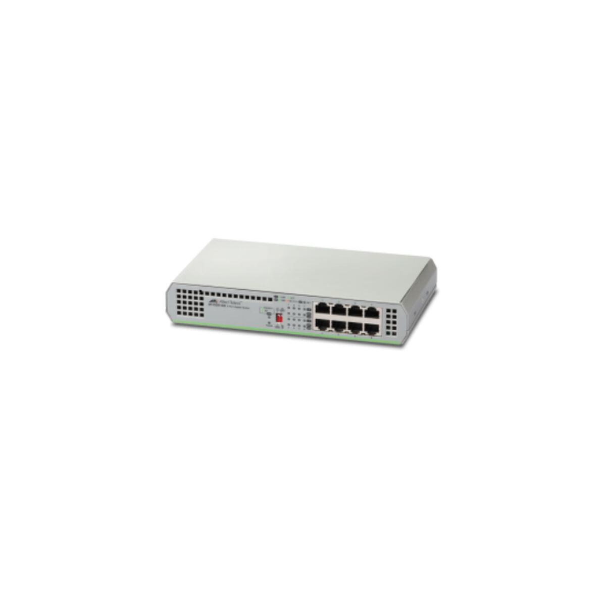 Switch di rete argento e verde con porte multiple. Sfondo bianco.